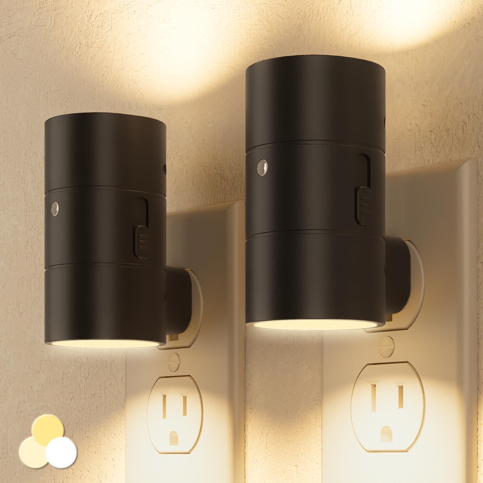 NIORSUN Night Lights Plug into Wall, Dimmable with 3 Color Modes & Auto On/Off Sensor, Ultra-Slim Nightlight for Hallway, Bathroom, Bedroom, Nursery, Kitchen (2 Pack, Black)