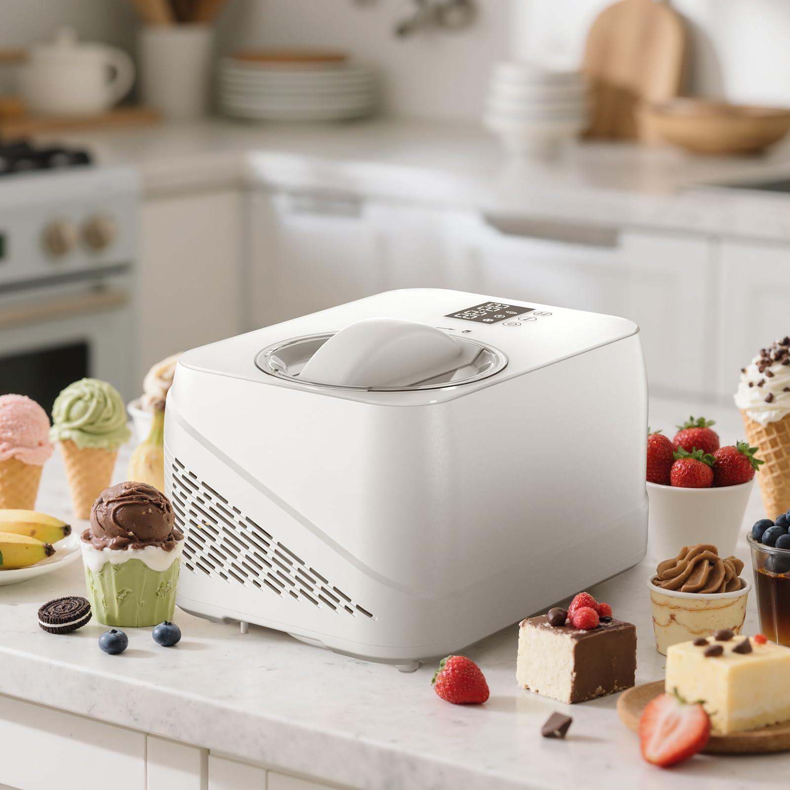 Eismaschine mit Kompressor 1L, Selbstkühlend, Entnehmbarer Eisbehälter, Weiß