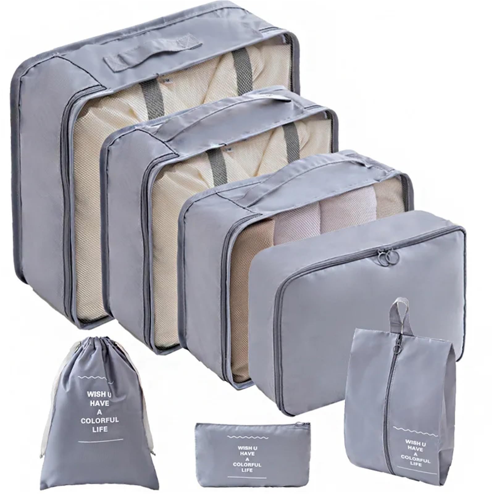 Packwürfel, Koffer, Packwürfel, Koffer, tragbar, Kleiderschrank, Gepäck, Kleidung, Schuhbeutel, faltbar, 7 Stück, Grau, One Size