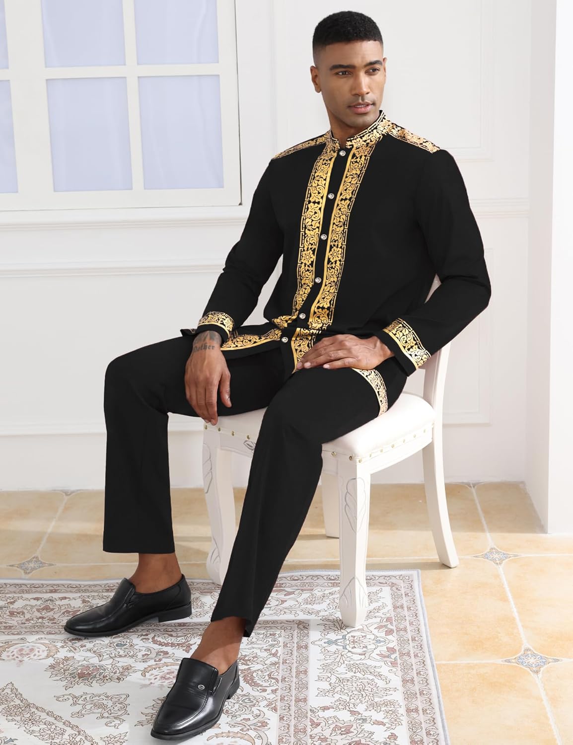 Mens African 2 Piece Set Nigerian Dashiki Metallic Traditional Suit Gold Stamp Printed Shirt and Pants Outfit - Image 3