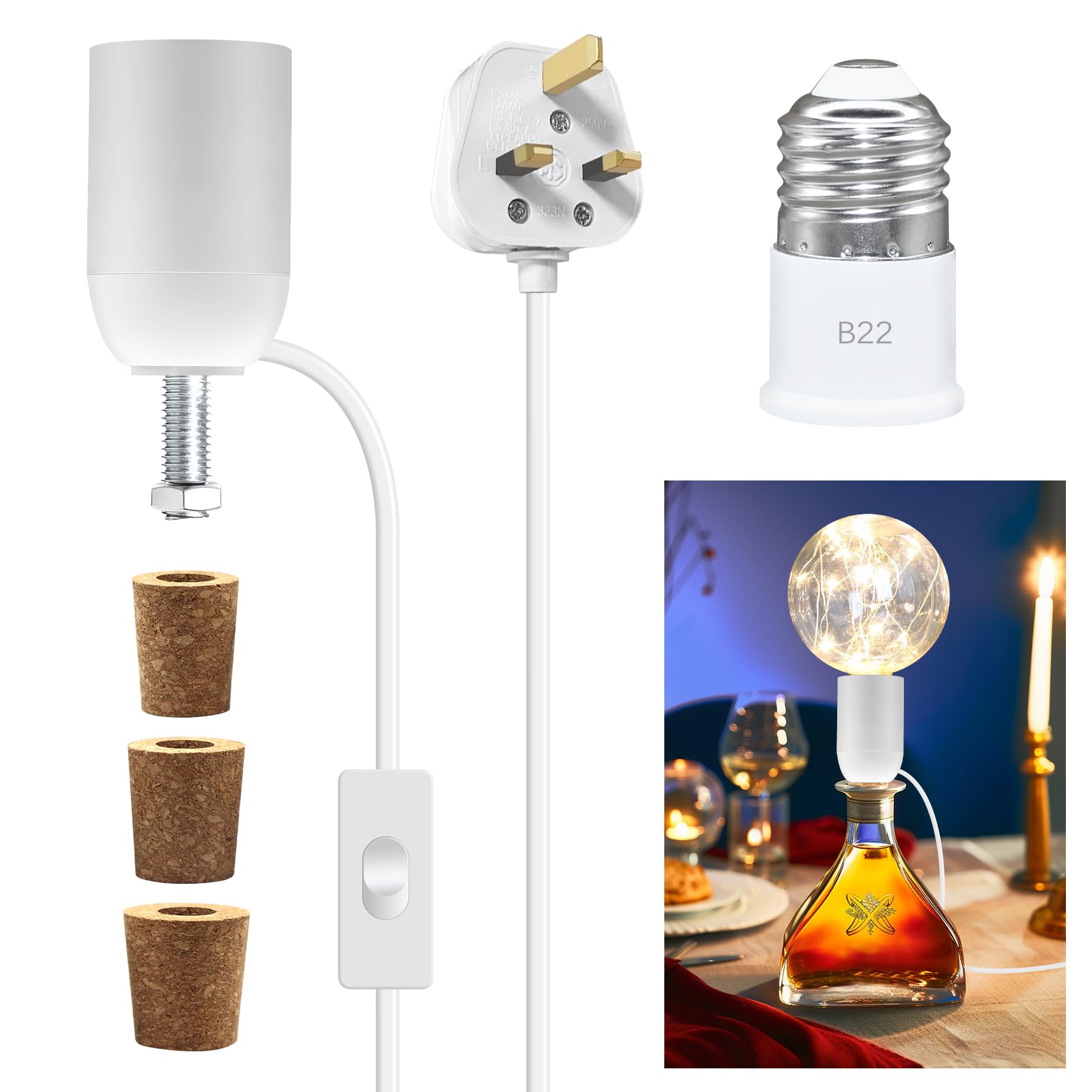E27 DIY Bottle Lamp Kit with 7.87Ft Cable, Switch and Plug - White Lamp Adaptor with 3 Types Bung for Various Bottles, Bedside Table Fittings