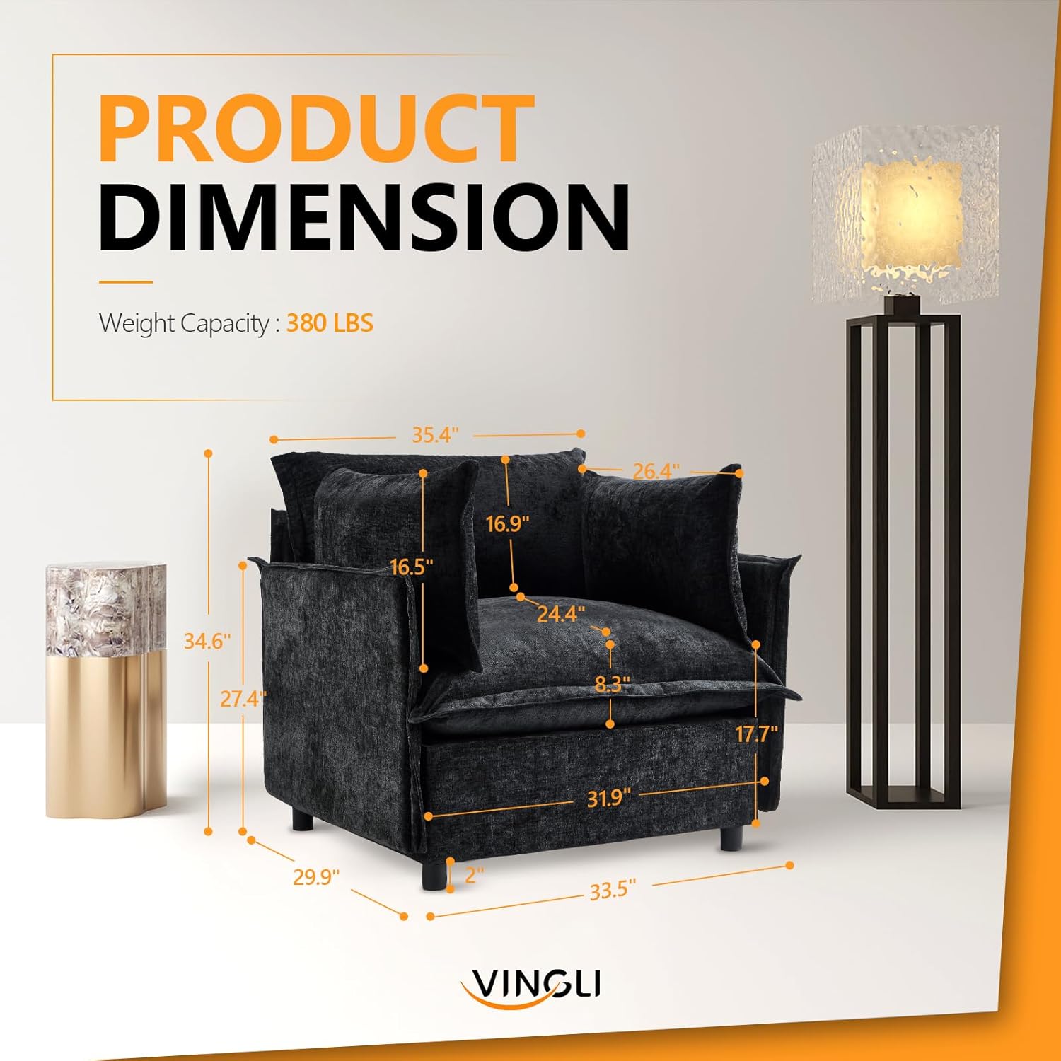 VINGLI Black Accent Chair 34" Width Oversized Reading Chair Upholstered Armchair Soft Chenille Fabric Living Room Chairs Sofa for Adults Bedroom, Home Office, Play Room