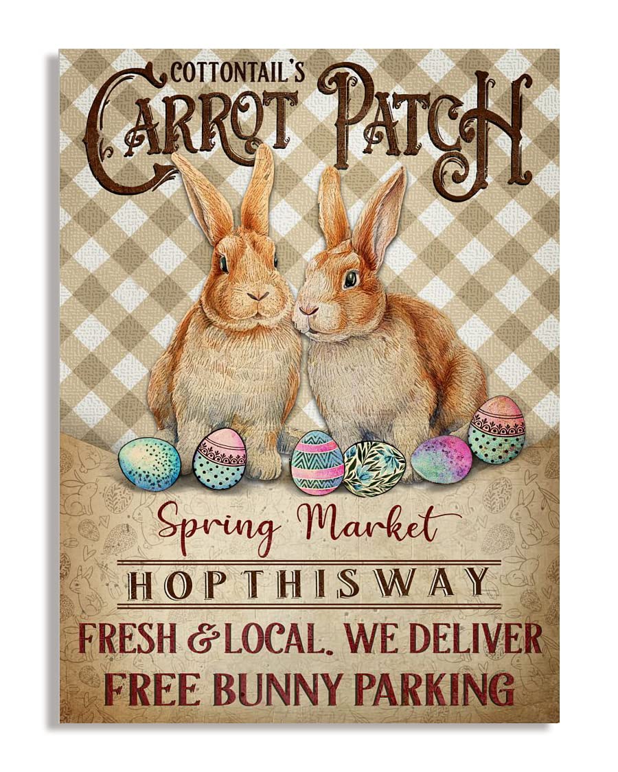 Retro Metal Tin Sign 12 X 16 Inches Happy Easter Cottontail's Carrot Patch Poster Funny Rabbits Bunnies Eggs Wall Decor Free Bunny Parking Poster Funny Wall Decor Nostalgic Arts Decor Gifts