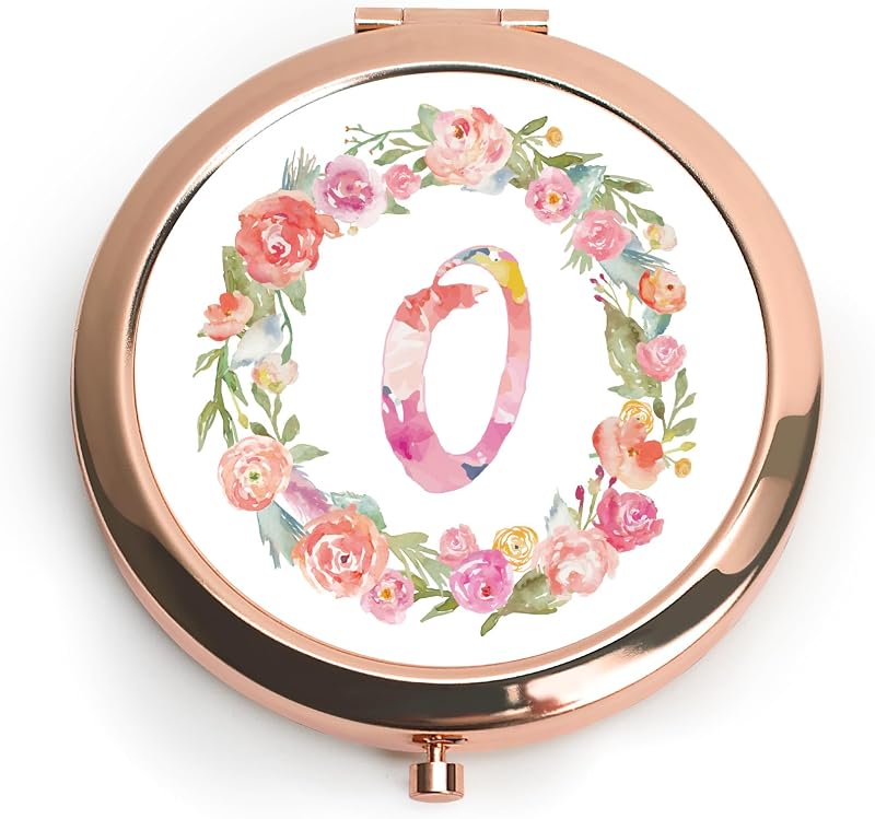 Espelho compacto redondo QUSTGO com monograma floral personalizado, ampliação 1X e 2X, moldura dourada, com caixa para presente