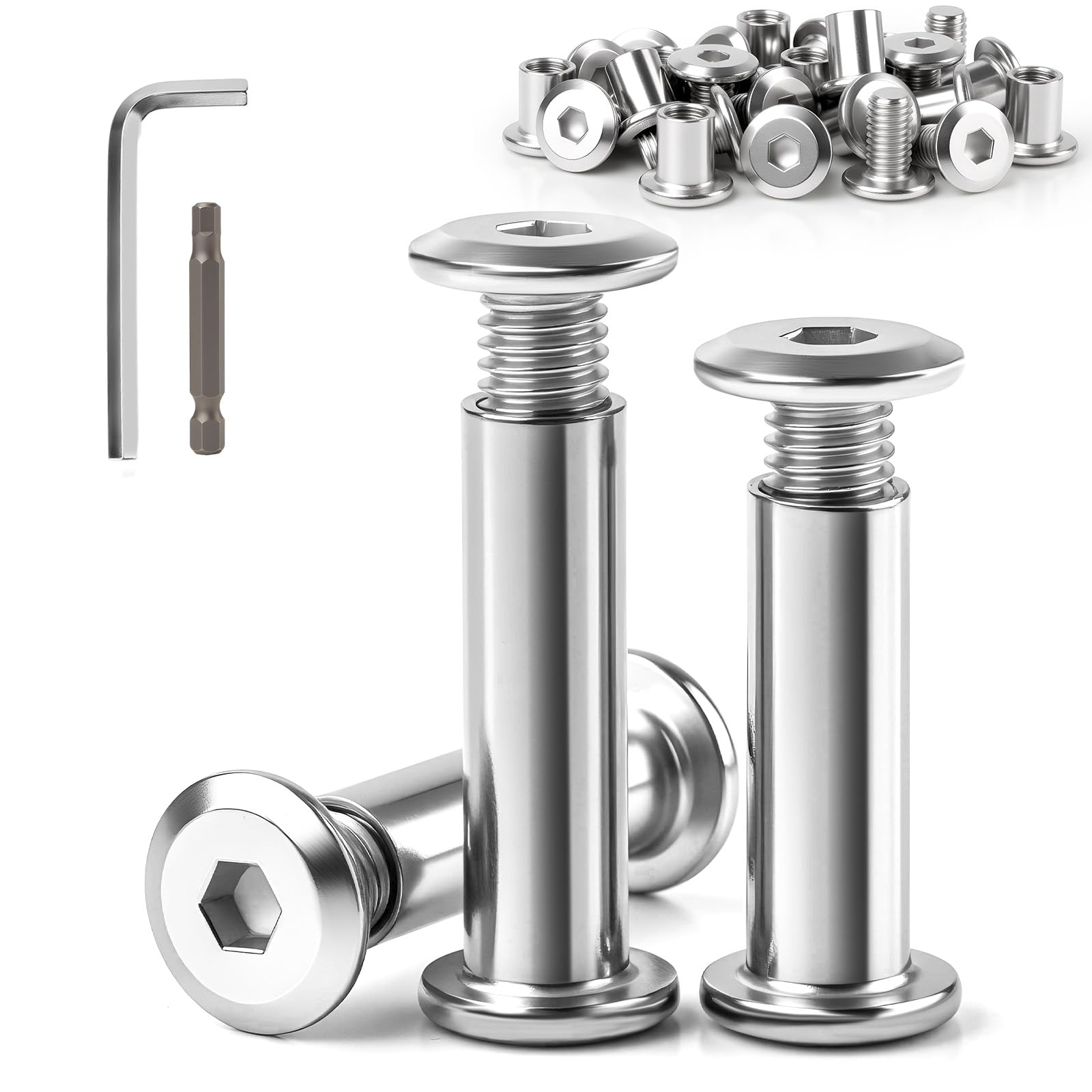 Mbsomnus 15 Sets M6 Furniture Connecting Bolts and Nuts, M6x18 mm Sleeve Nuts & M6x10 mm Hexagon Furniture Bolts, 304 Stainless Steel Bolts with Allen Key & Bit for Cabinets, Wardrobes and Cupboards