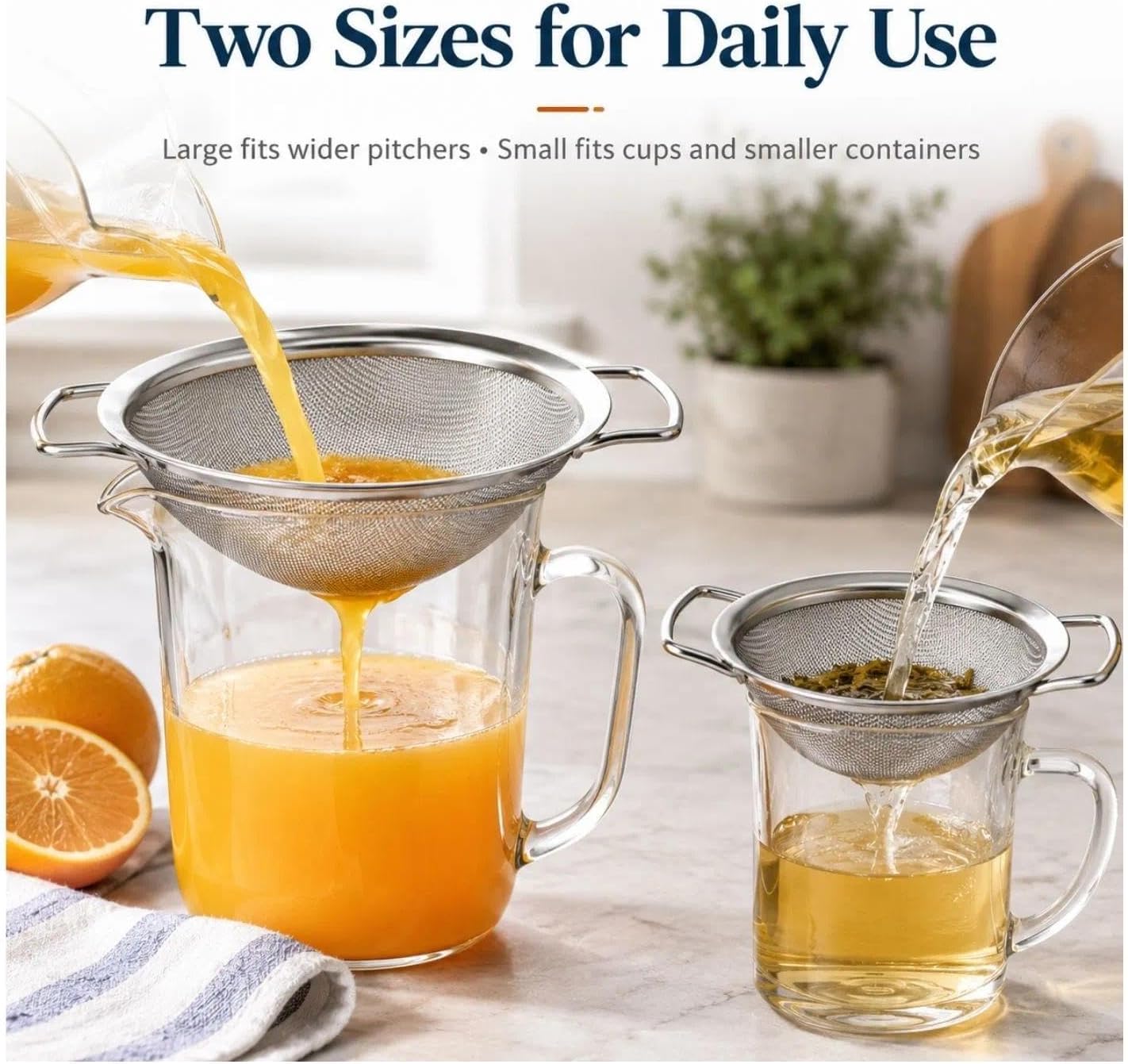 2 Pack Juice Strainer for Nama J2 and Ninja Cold Press Juicers, 304 Stainless Steel Fine Mesh Pulp Filters with Dual Handles, 5.5 and 6.3 Inch, After Juicing