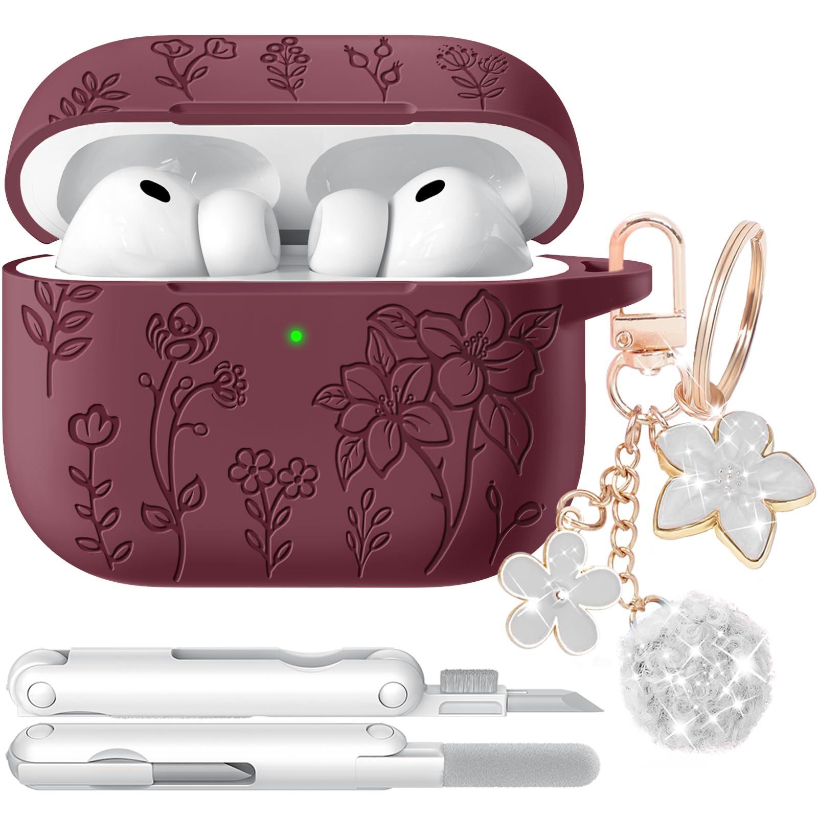 for Airpods Pro 3 Case, Flower Engraved Case Cover Compatible with AirPods Pro 3rd Generation 2025, Soft Silicone Cases with Cute Keychain &amp; Cleaner for Women Girly, Shockproof