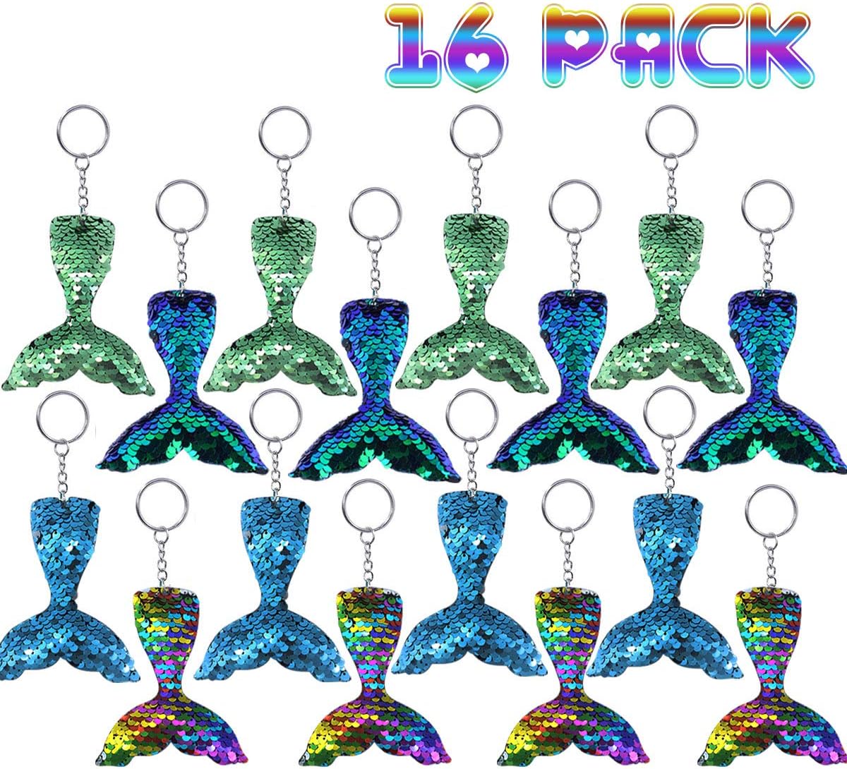 GeeVen 16 Pack Mermaid Party Favors with Flip Sequin Glitter Mermaid Tail Keychains for Kids Girls Birthday Party Supplies