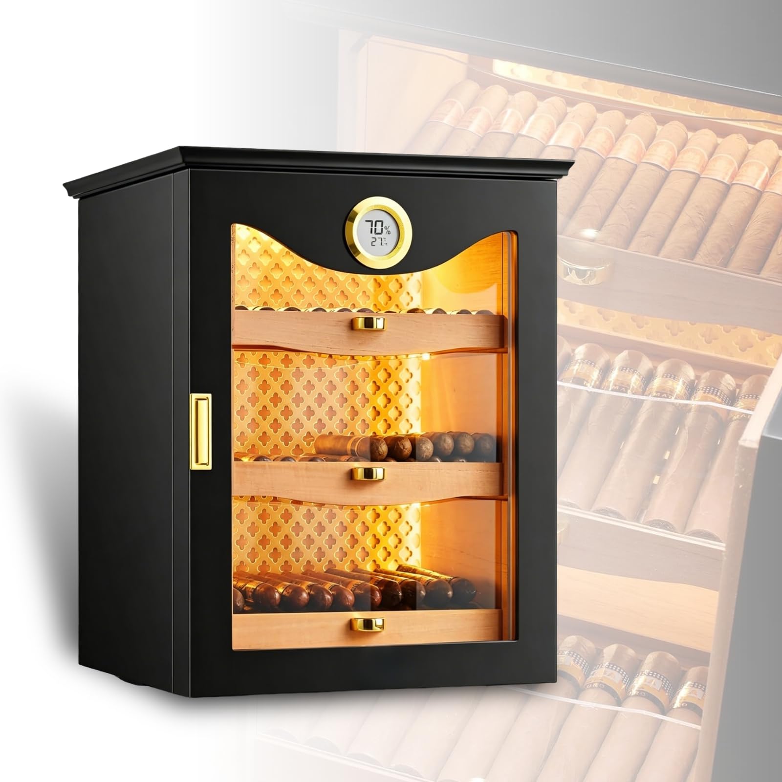 ZHENYUWANG Cigar Humidor, Desktop Electronic Cigar Humidor, Lined With Spanish Cedar Wood, Equipped With A Precision Digital Hygrometer black