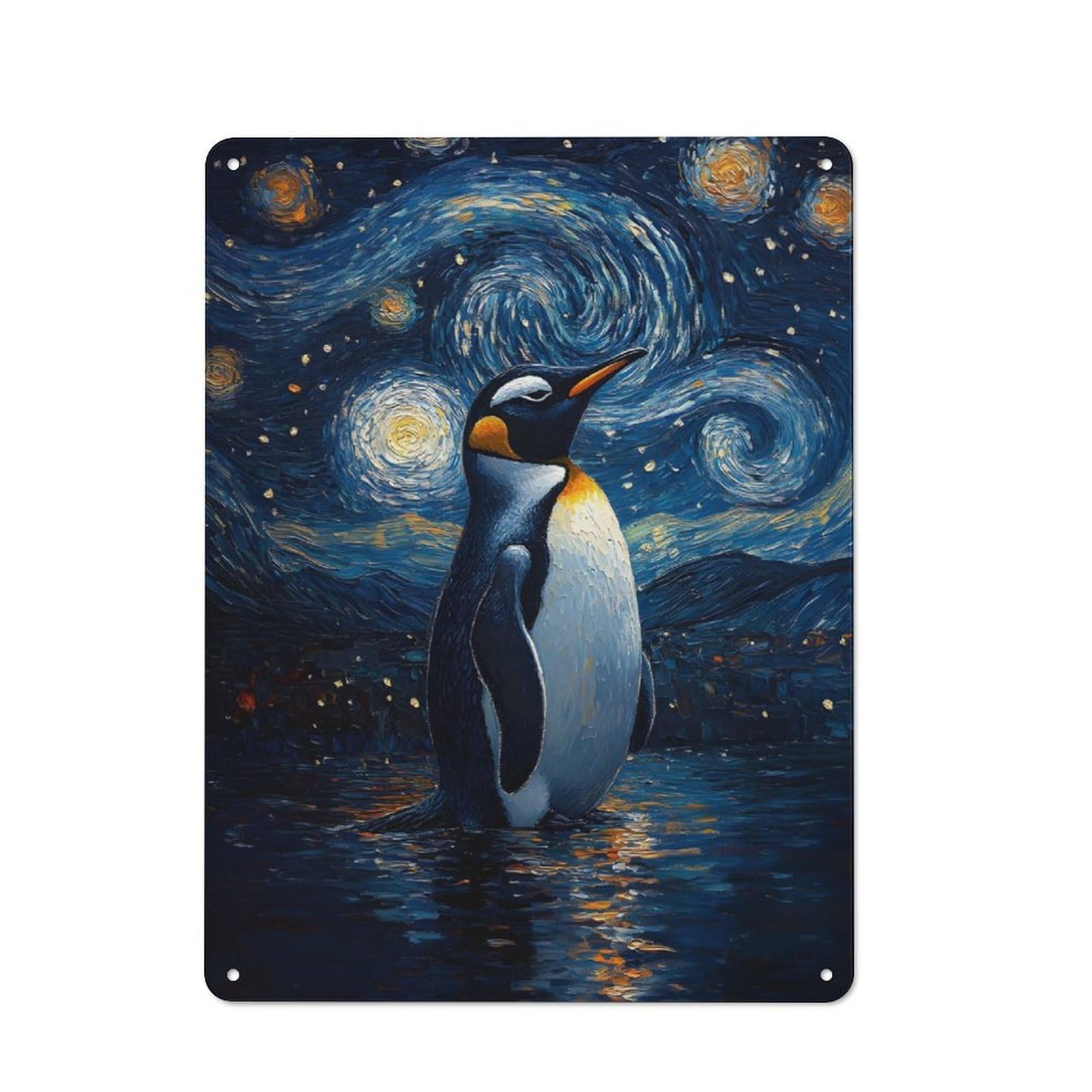 Junmoney Penguin Under Starry Night For Garden Room Or Summerhouse, Rustic Tin Sign 40X30cm, Tin Sign Wall Decor For Garden Rooms And Summerhouses
