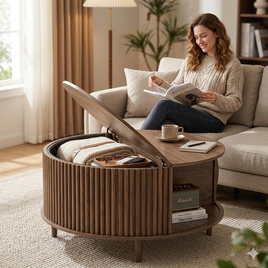 JOINICE,Round Coffee Table with Storage, 31.5" Fluted Center Table for Living Room, Modern Walnut Wood Circle Drum Table with Sliding Cabinet Door, Mid Century Furniture for Small Space — view 9