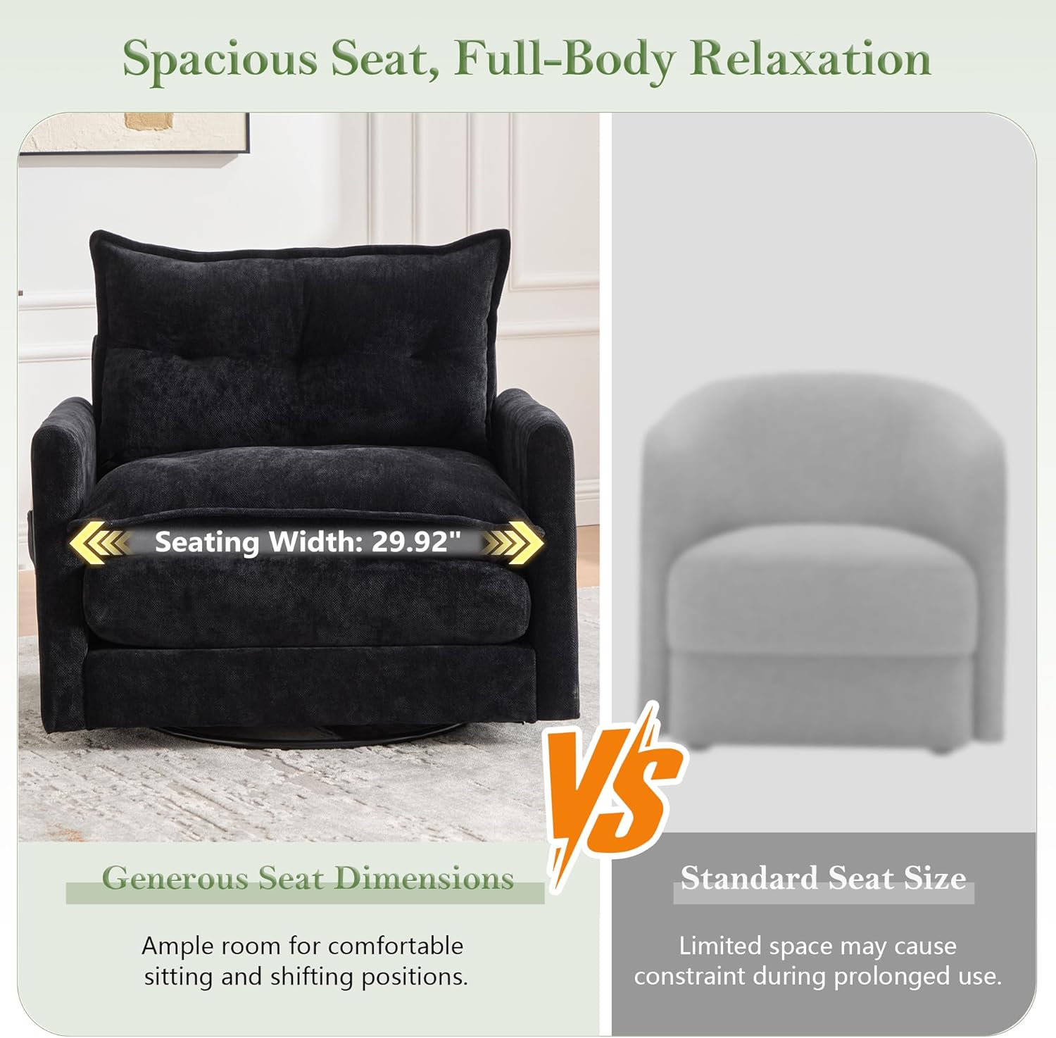 cinkehome Oversized Swivel Chair, 36" Swivel Armchair Accent Chair for Living Room, Mid Century Modern Thick Padded Arm Chairs, Memory Foam, Chenille, Black