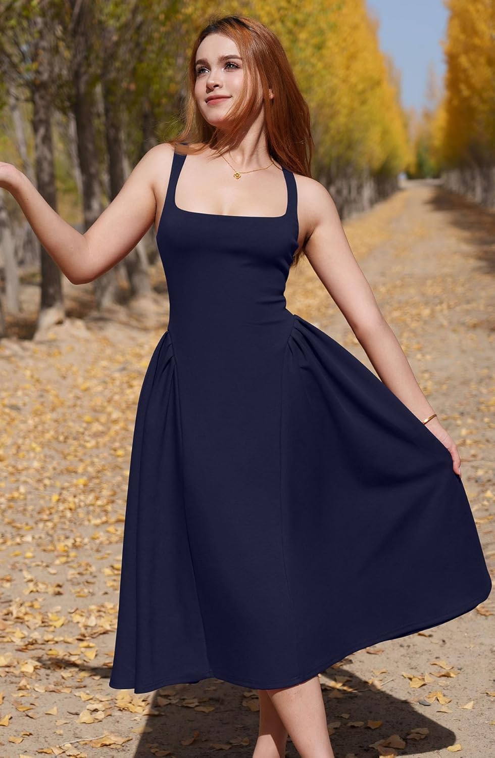 Memoriesea Women's Elegant Square Neck Swing A Line Wedding Evening Party Midi Dress - Image 2