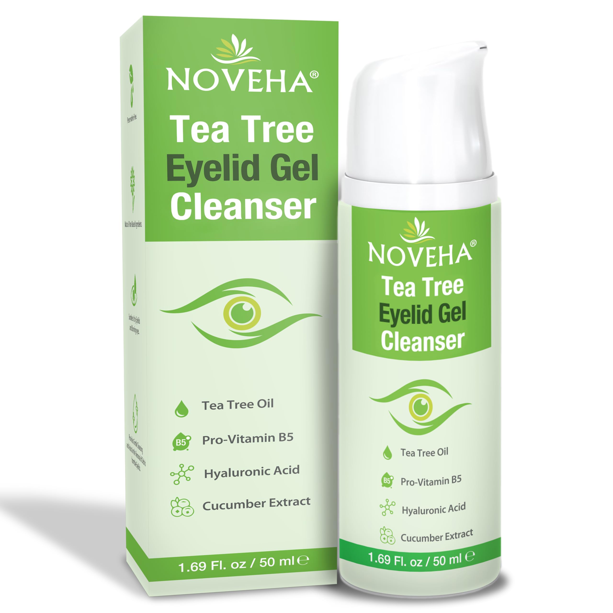 NOVEHA Tea Tree Palpebre Gel Cleanser – Detergente quotidiano a base vegetale con cetriolo, pro-vitamina B5 e acido ialuronico – Detergente rinfrescante per la zona occhi – 50 ml