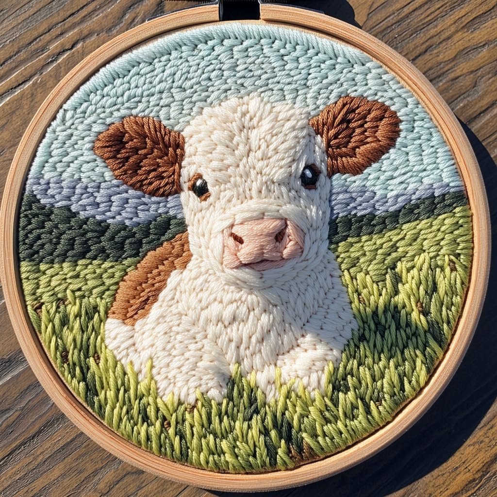 Punch Needle kit for Beginners, Punch Stitching kit for Adults, Needle Punch Kits for Adults – Cow Meditating in the Meadow Punch Needle Embroidery Set