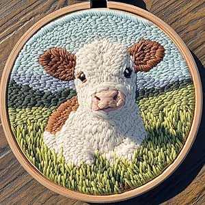 GLLBTPT Punch Needle Kit voor volwassenen beginners - Cartoon Highland Cow met madeliefje bloem DIY borduurset, inclusief bedrukte doek, katoenen draadpakket, ponsnaald, frame en handleiding