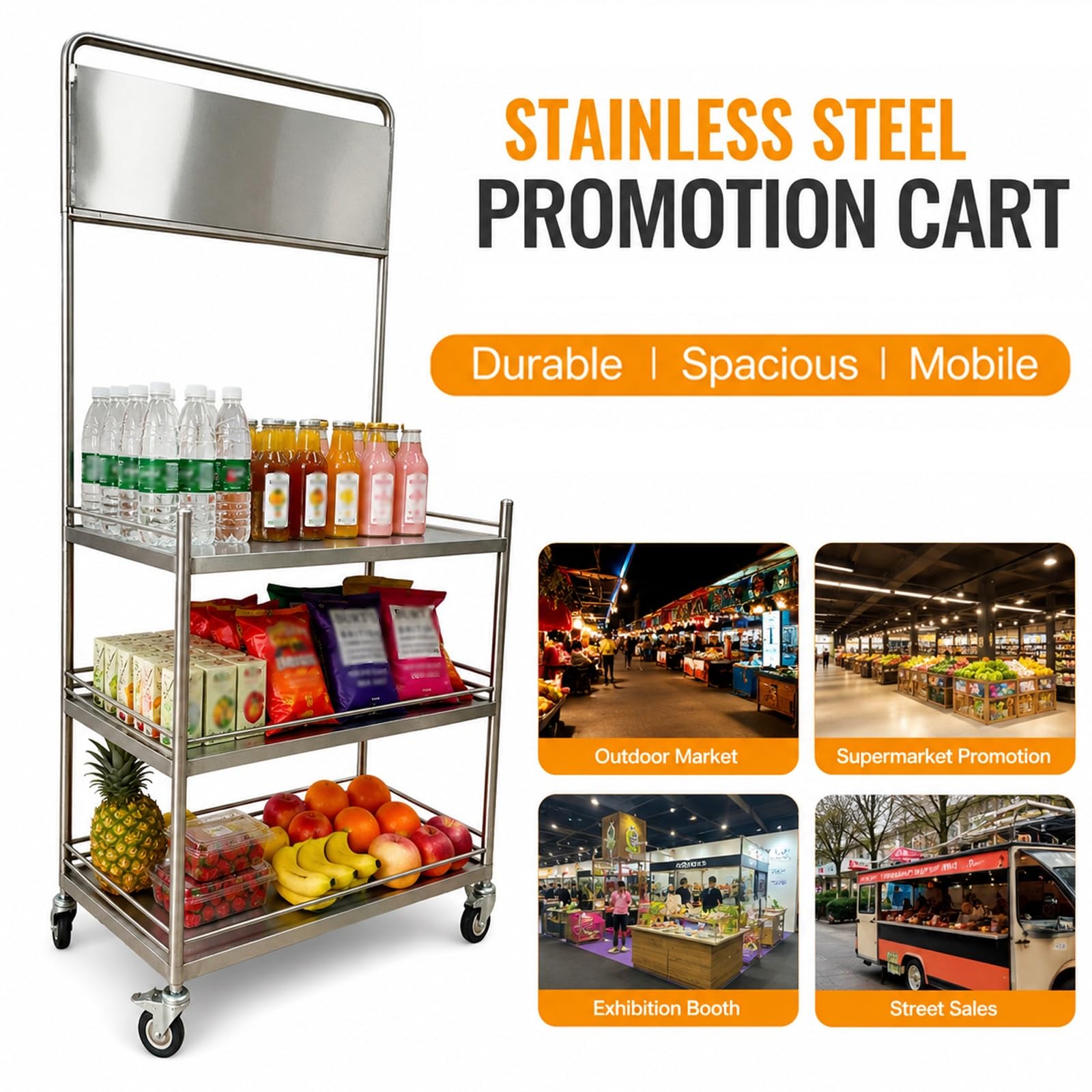 Carrello Ambulante Pieghevole per Bancarella, Telaio in Acciaio Inox con Portata 180kg, Espositore Mobile per Mercato Supermercato(80x48x190cm/31x19x75in)
