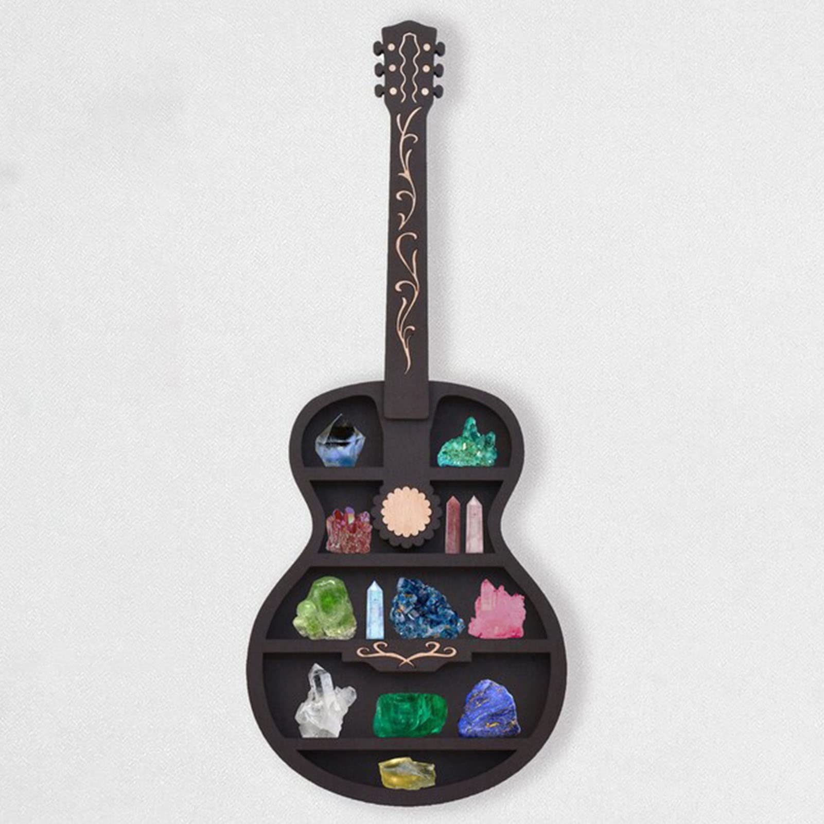 Nc Toys Wooden Rustic Display Rack, Wiccan Decor, Guitar Form Shelf For Crystals, Guitar Decor, Wall Hanging Storage Rack, Bedroom Home Decor, Crystal Shelf (Color : Black)