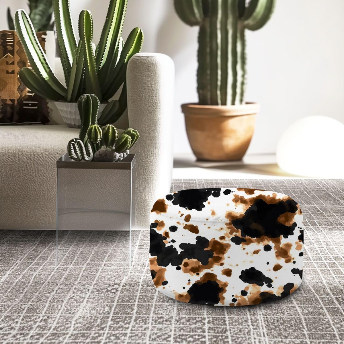 Round Pouf Ottoman Cow dye seamless pattern Watercolor hand drawn white black brown color Foot Stool Foot Rest Floor Stool Bean Bag Chair Cotton Linen Removable Indoor Outdoor for Living Room Bedroom