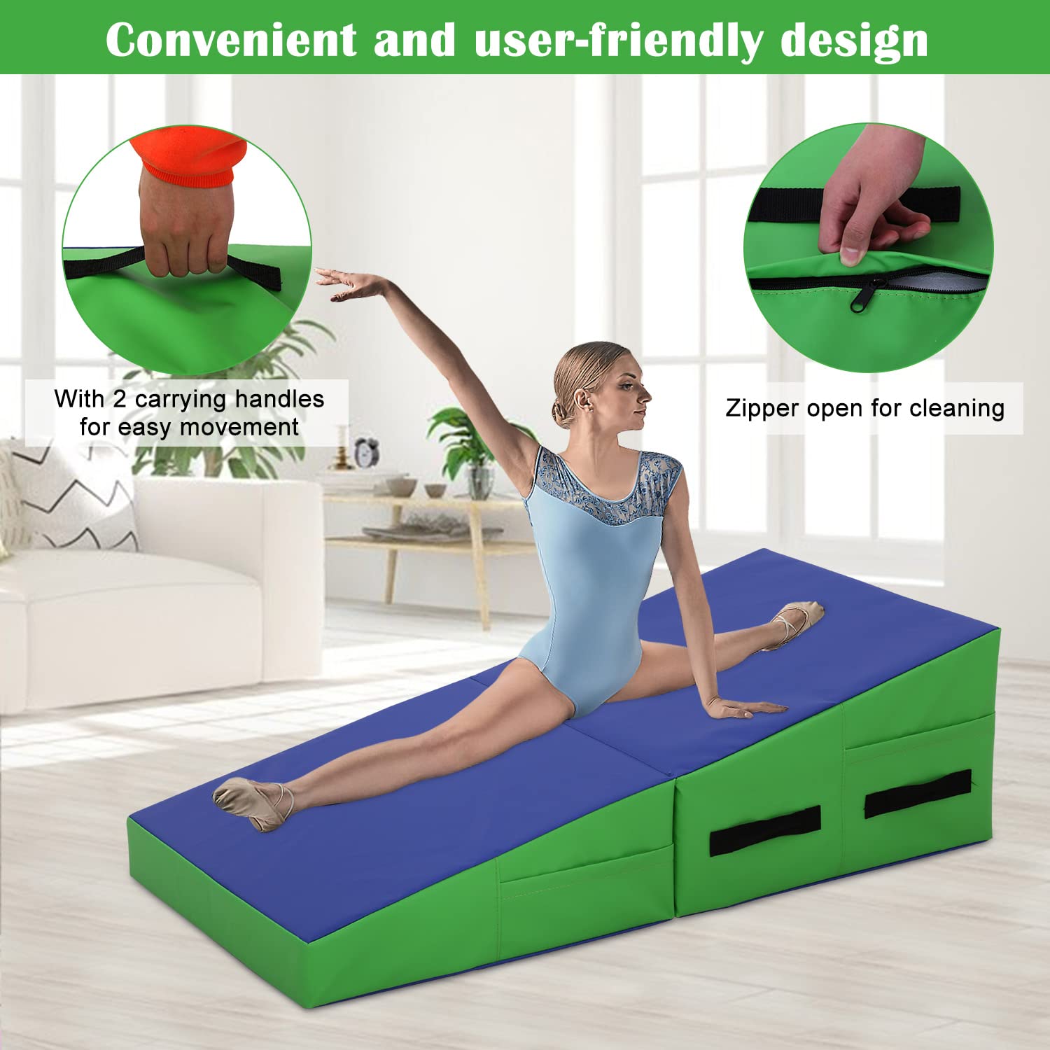 Tappetino da ginnastica, 121 x 61 cm, con superficie antiscivolo in PVC, per bambini e adulti, pieghevole, per ginnastica domestica, con manici