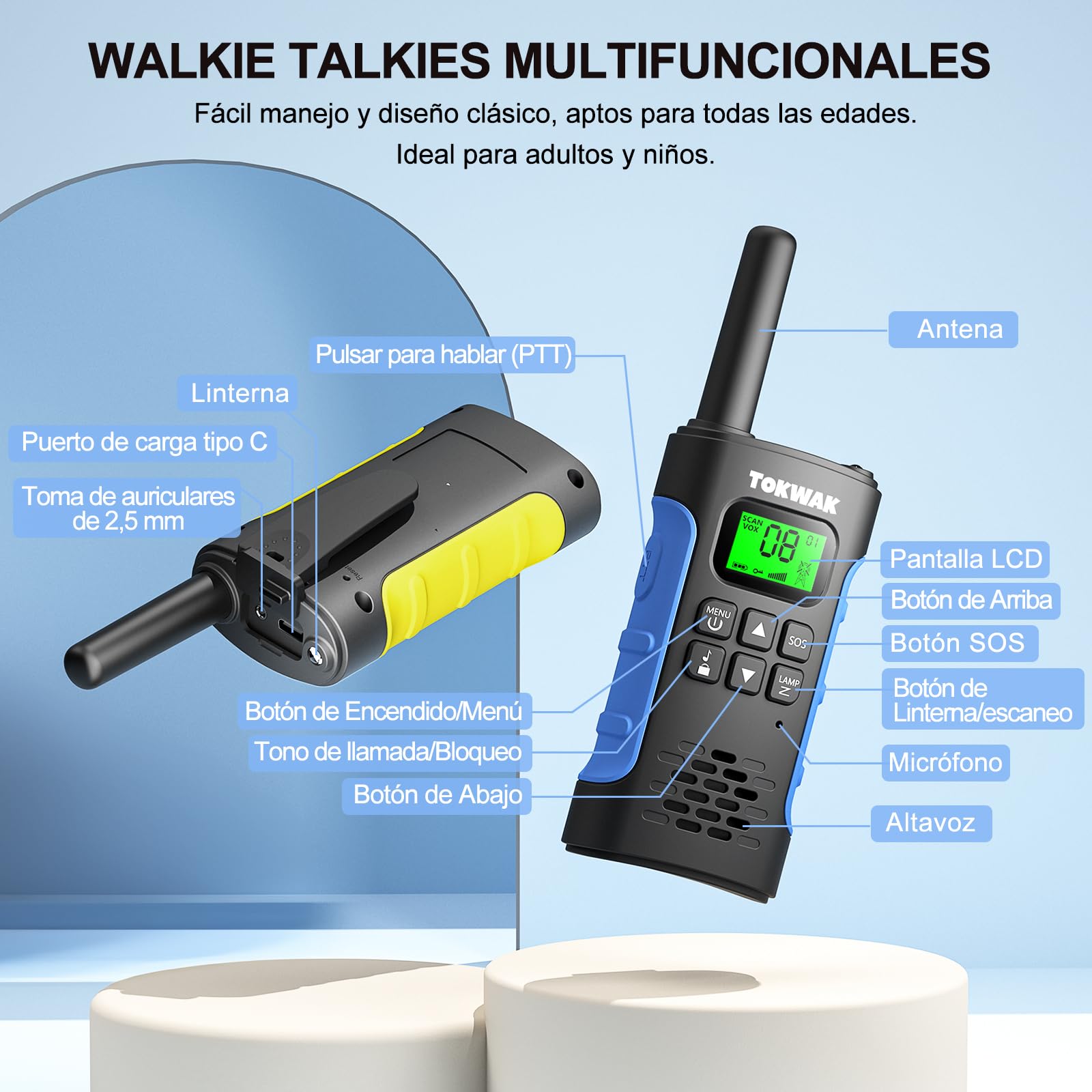 Walkie Talkies Recargable con Batería, 4pcs Walkie Talkie para Niños Adultos, VOX y Linterna, Walkie-Talkie Largo Alcance 3KM, 16 Canales Walky Talky para Exteriores Camping Senderismo