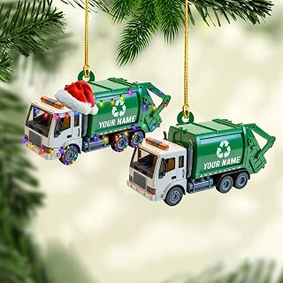 Personalized Green Garbage Truck Ornament 2025, Custom Trash Truck Christmas Ornament 2025, Garbage Truck Ornaments Gifts for Sanitation Worker, Christmas Tree Decorations Xmas Hanging (GT7)