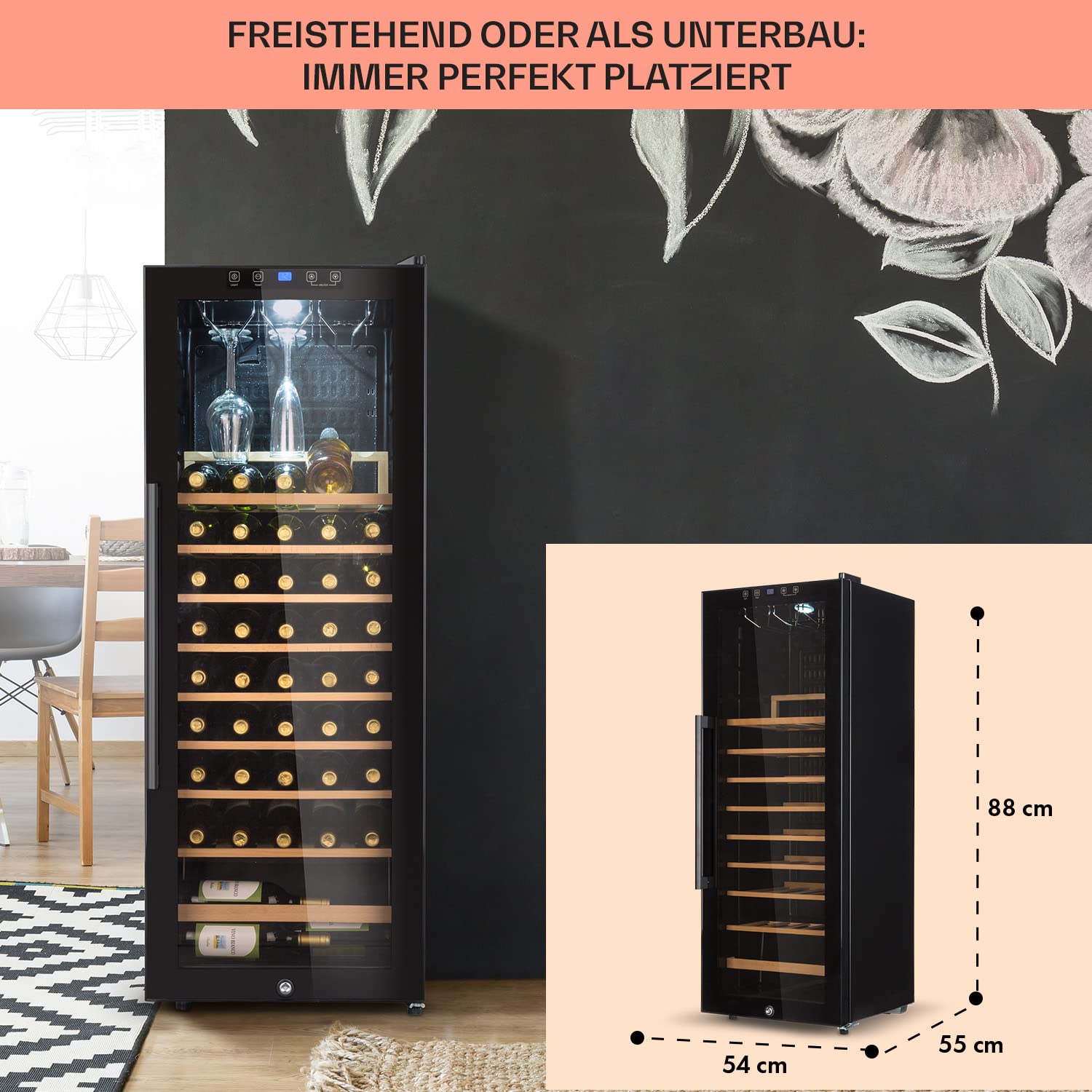 Klarstein Weinkühlschrank 54 Flaschen 1 Zone Glastür UV-Schutz 4-18°C Freistehend