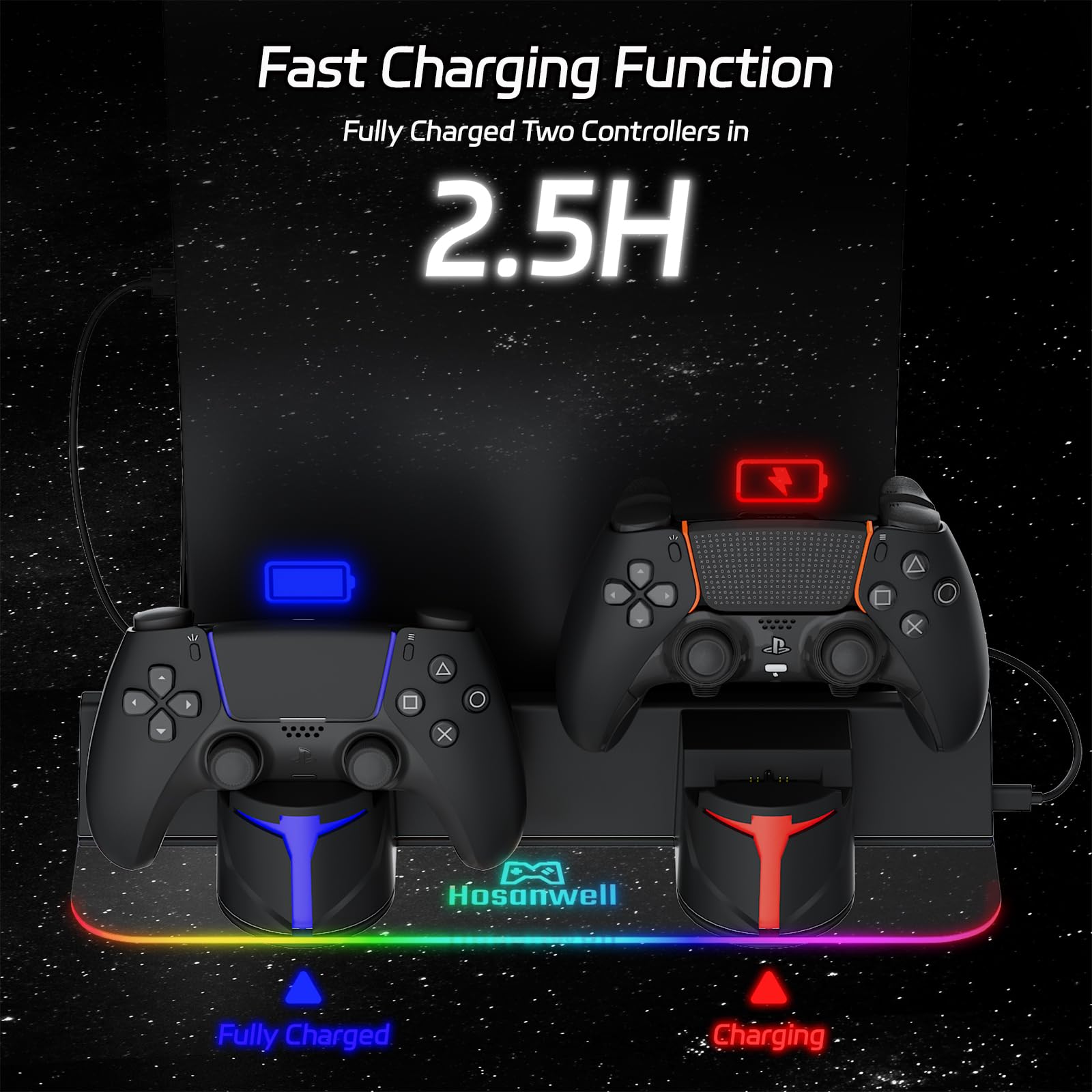 Hosanwell Kit di montaggio a parete per PS5 con stazione di ricarica, compatibile con PlayStation 5 e PS5 Slim e Pro, ricarica rapida 2 ore, stazione di ricarica a doppio uso con luce RGB
