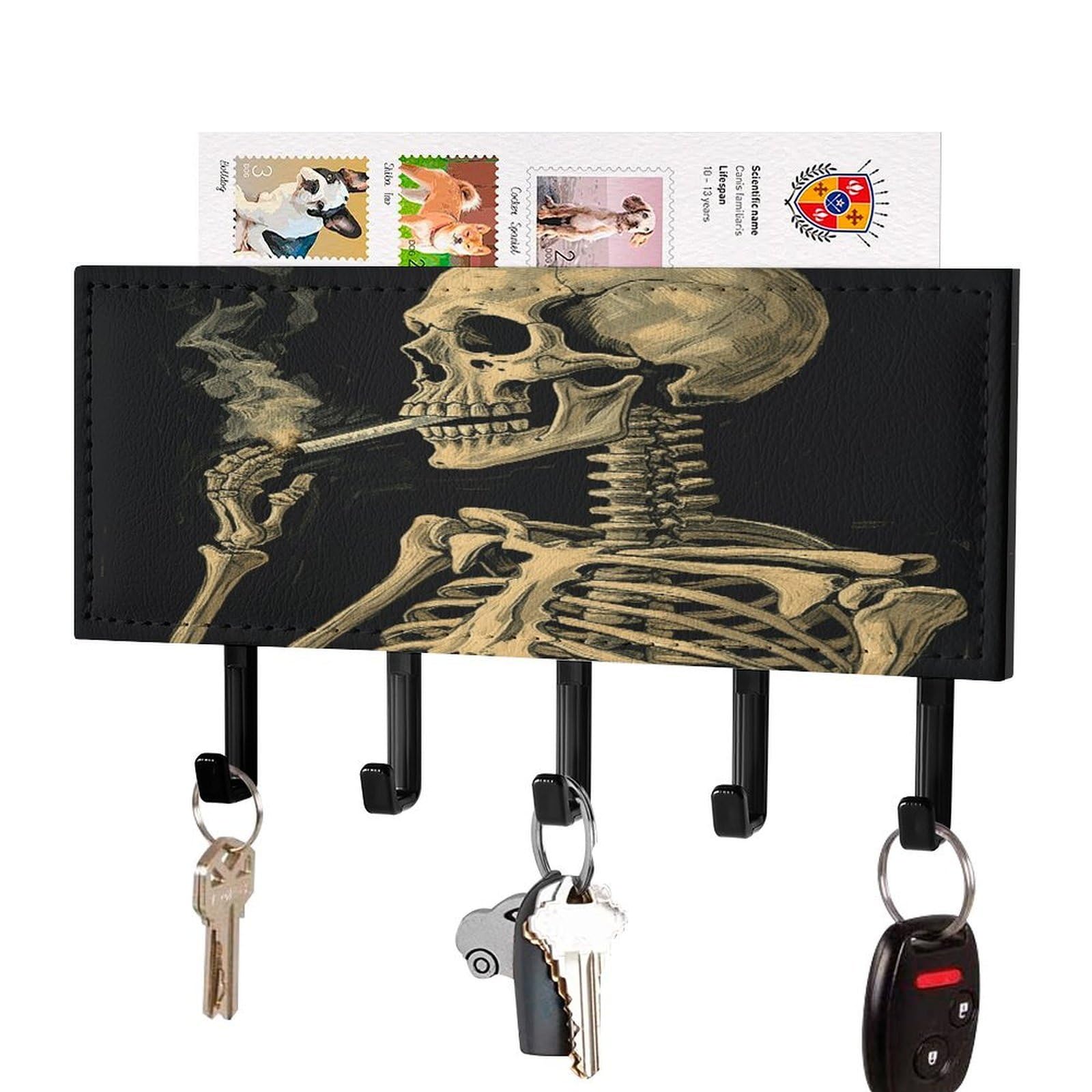 FekiLoot A Skeleton with Burning Cigarette Key Holder for Wall Decorative Mail Organizer with 5 Key Hook Self Adhesive Key Rack with Tray Coat Rack Wall Mount Key Hanger Decor for Entryway Door