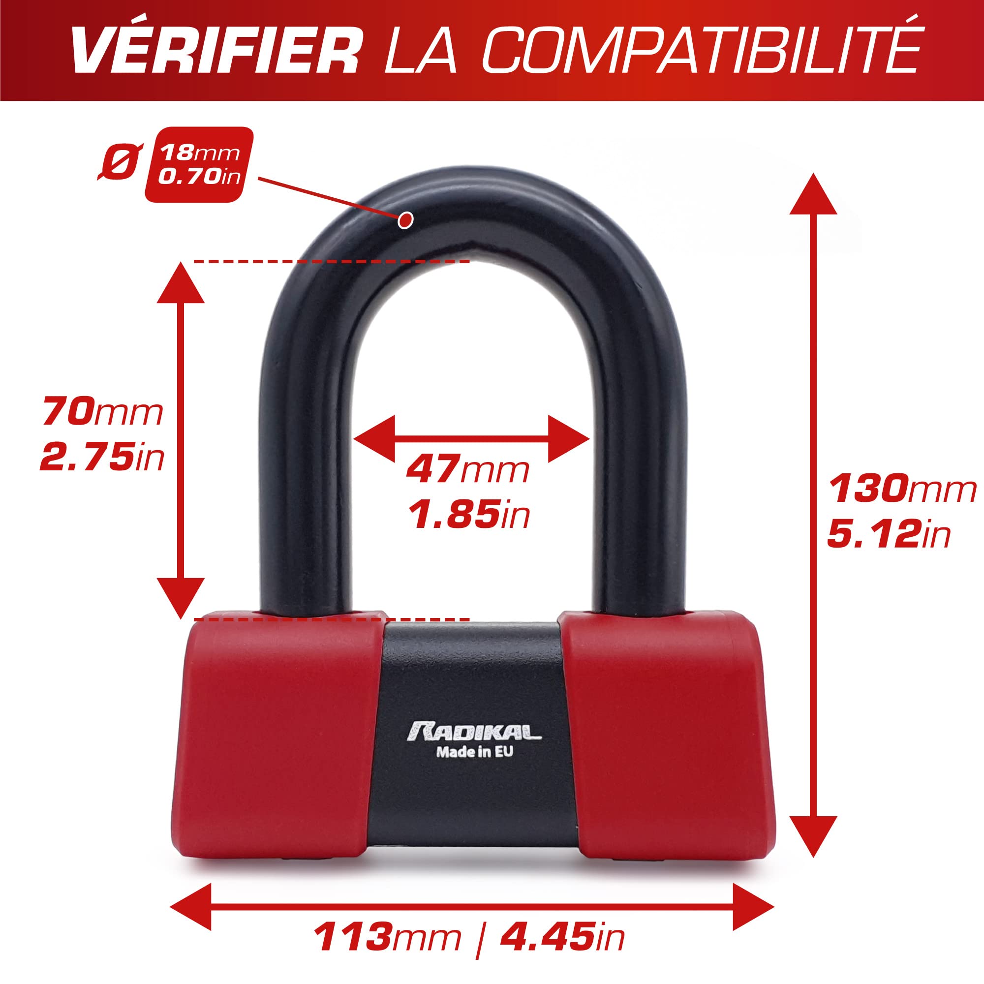 RADIKAL RK75 Antivol Moto Bloque Disque Mini U Premium Homologué SRA, Plus Dissuasif, Brutale Testé, Arc ø18mm en Acier Trempé, Double Fermeture, Cable Rappel, Bloc Frein Roue pour Moto Scooter
