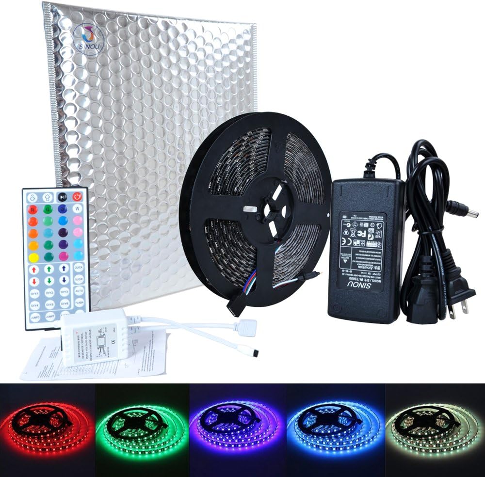 SINOU 5-Meter Waterproof Flexible Color Changing RGB SMD 5050 300 LEDs Light Strip Kit with 44 Keys IR Remote Controller,Control Box for Home Decorative