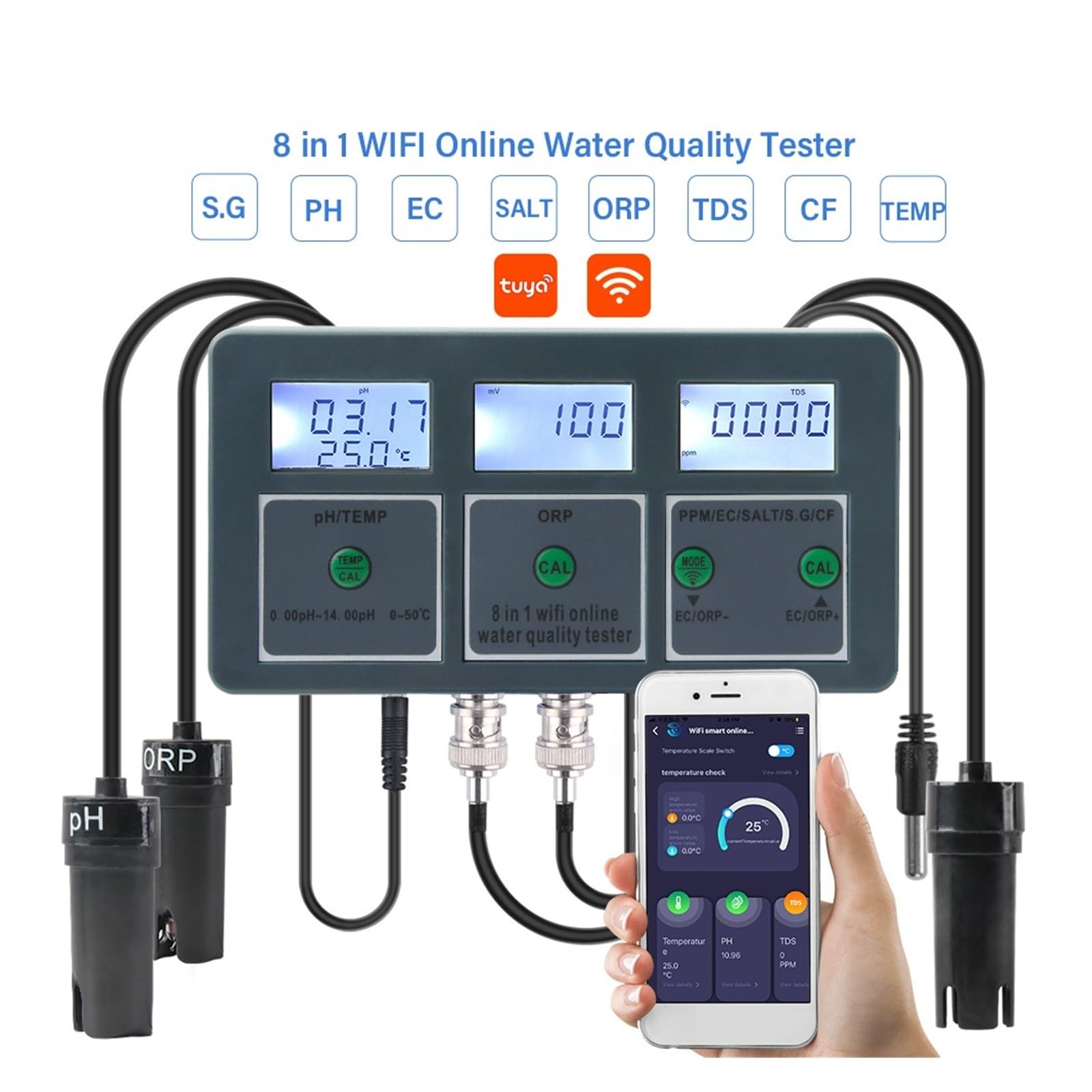 Monitor WiFi Tuya Smart PH ORP TDS EC SALE SG TEMP CF Misuratore di qualità dell'acqua online Tester Dati,Resistenza alla corrosione