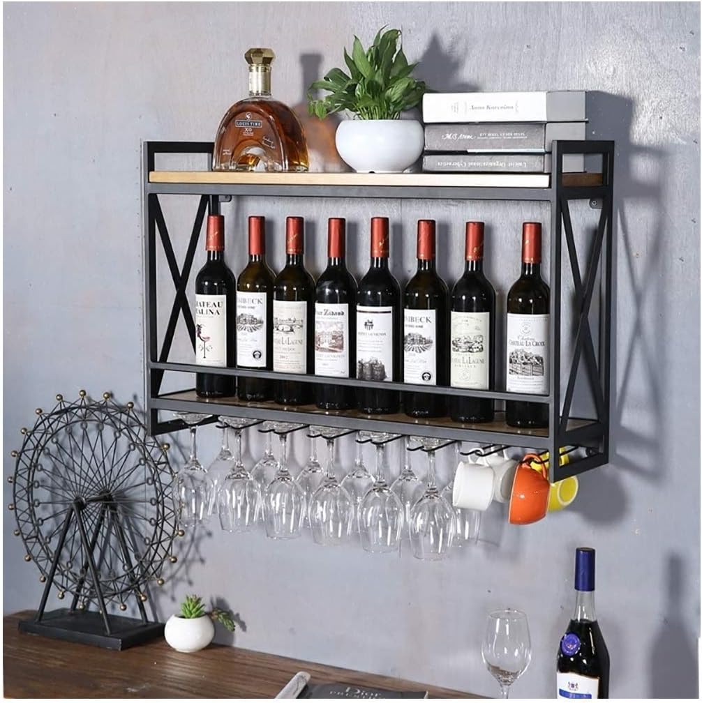 Industrial Wall-Mounted Wine Racks Iron Metal Wine Bottle Racks and Wine Racks Solid Wood Home and Kitchen Decorative Bottles Racks Glass Wine Racks HJ