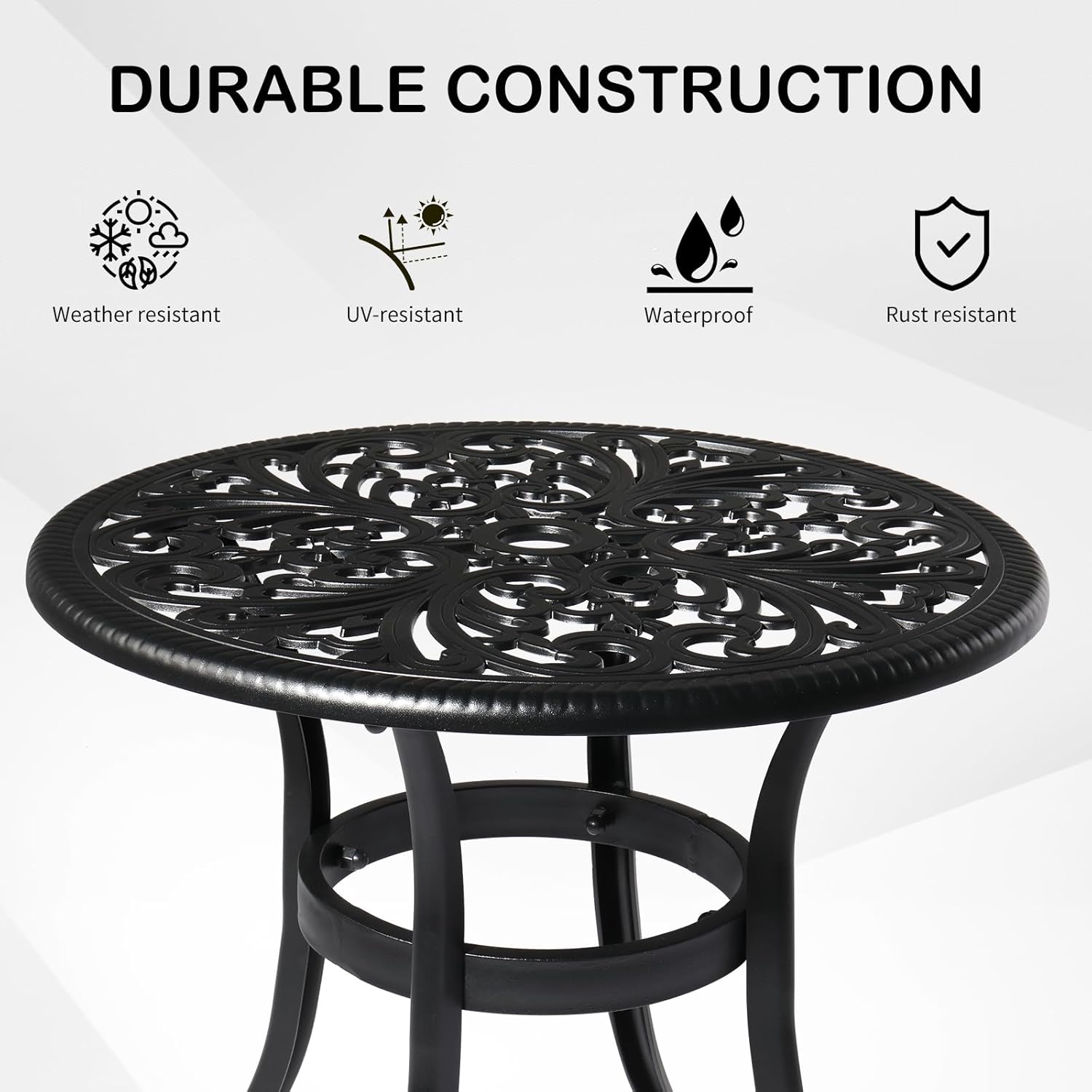 Phoenix Cast Aluminum Round Bar Dining Table, Retro Patio End Table Side Table with 2” Umbrella Hole, Cast Aluminum Cocktail Table, Outdoor Bar Table (Black)