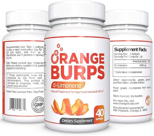 Orange Burps Suplemento D-limoneno - Reductor de ácido (antiácido para el reflujo ácido), alivio de la acidez estomacal, alivio de la ERGE y alivio