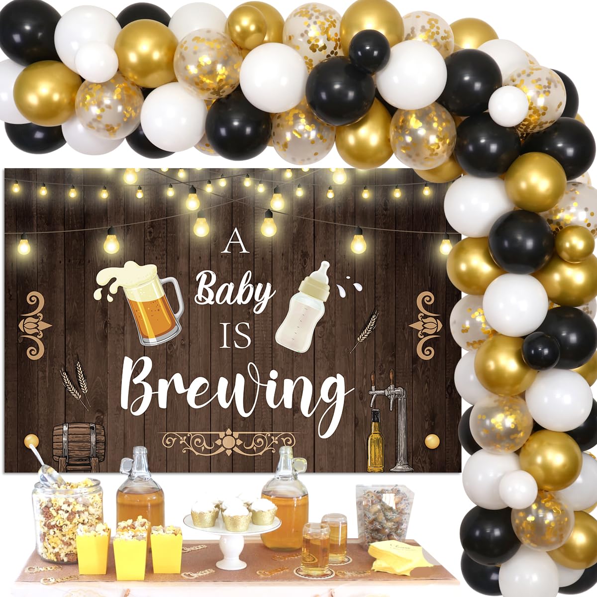 Funmemoir A Baby is Brewing Baby Shower Decorations Beer - Black and Gold Balloon Garland with Backdrop, Diaper Party Decorations for Gender Reveal