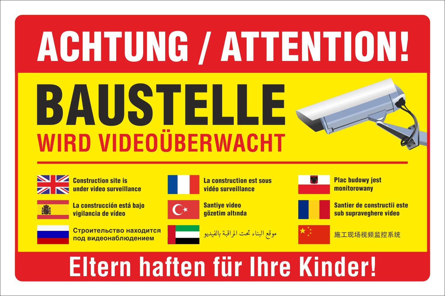 Schild 'Achtung Videoüberwachung' – Mehrsprachig, Alu-Verbund 450x300 Mm, Wetterfest