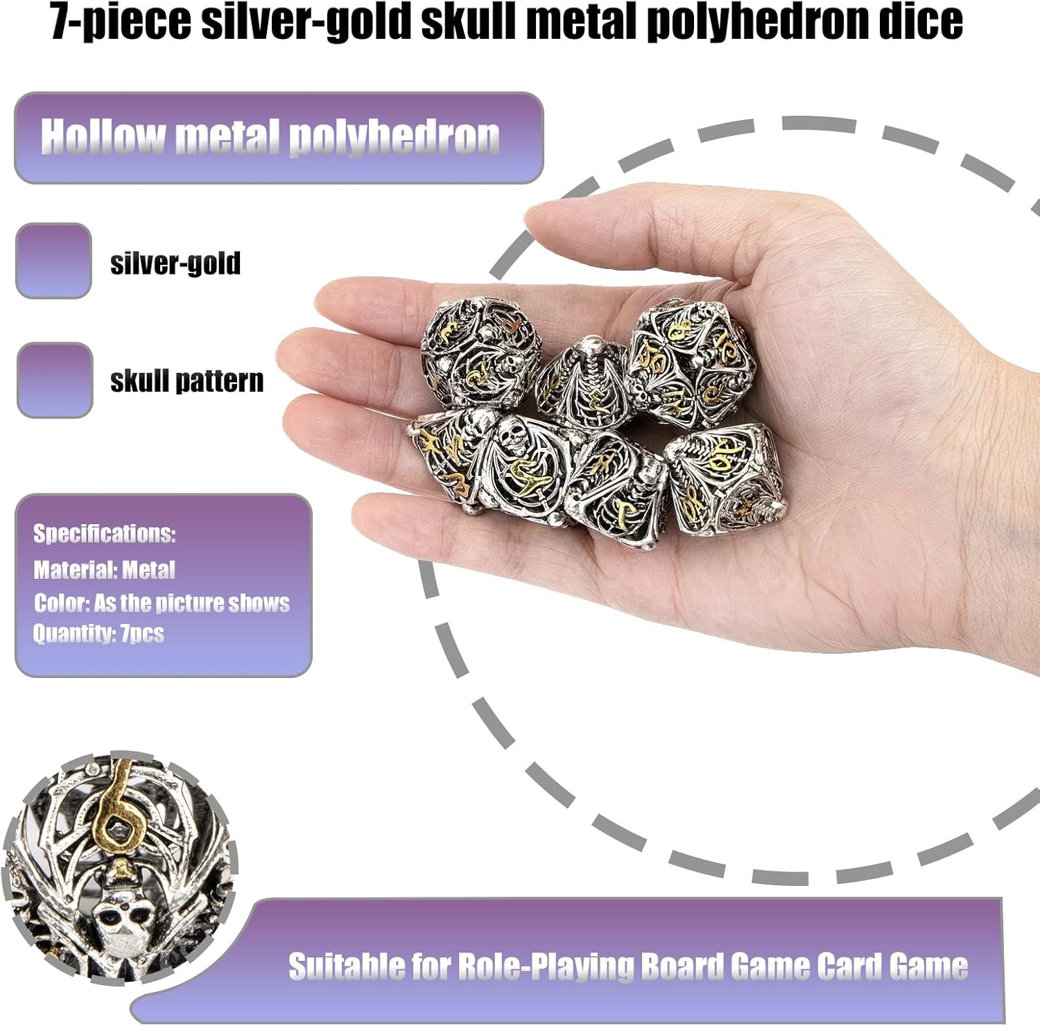 7 Piece Silver Gold Skull Metal Dice, Hollow Polyhedron, Compatible with Role-Playing RPG Board Game Card Game