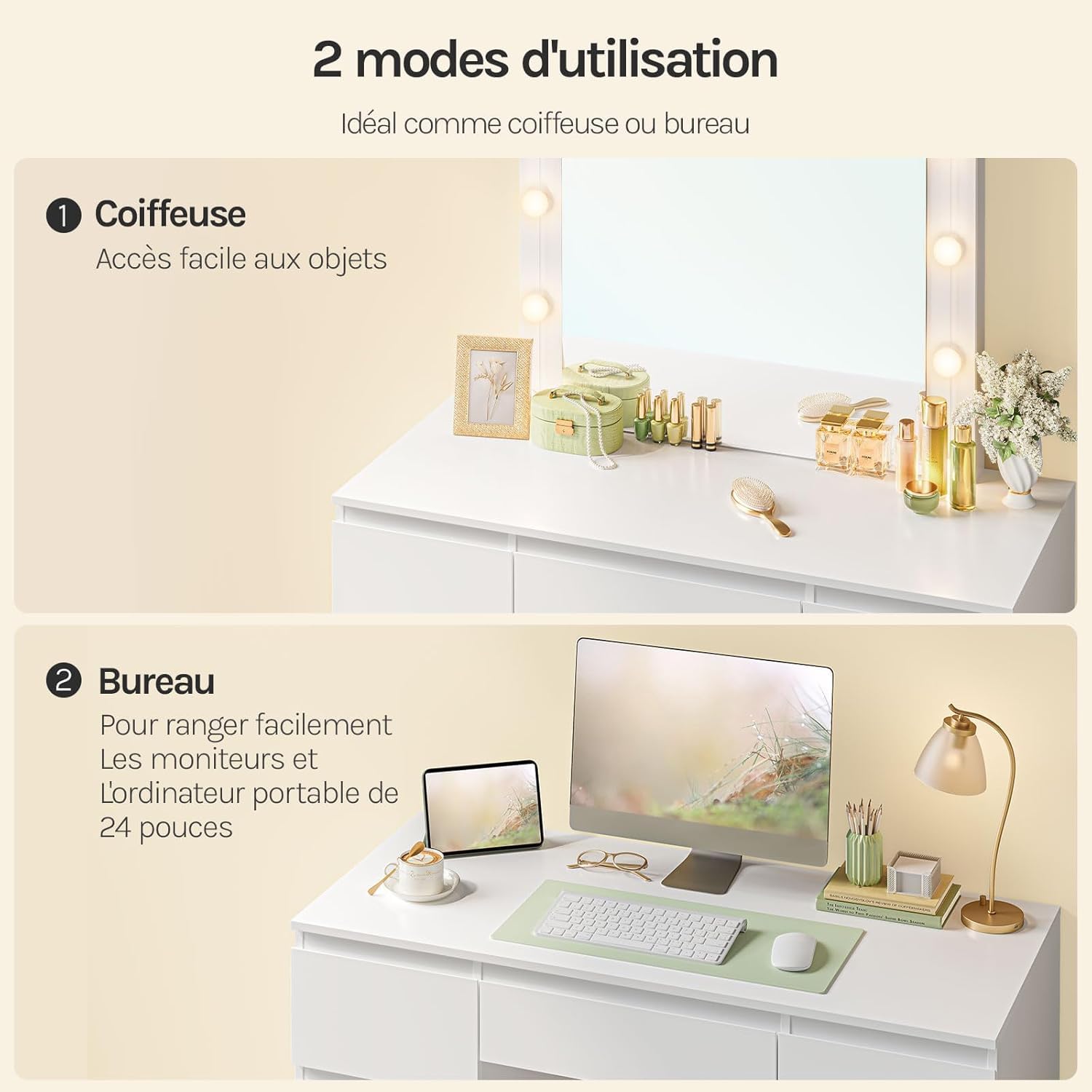 WOLTU Coiffeuse avec Miroir LED à Luminosité Réglable, Table de Maquillage avec 7 Tiroirs, 107x39,5x140,5cm, Blanc, MB6099ws