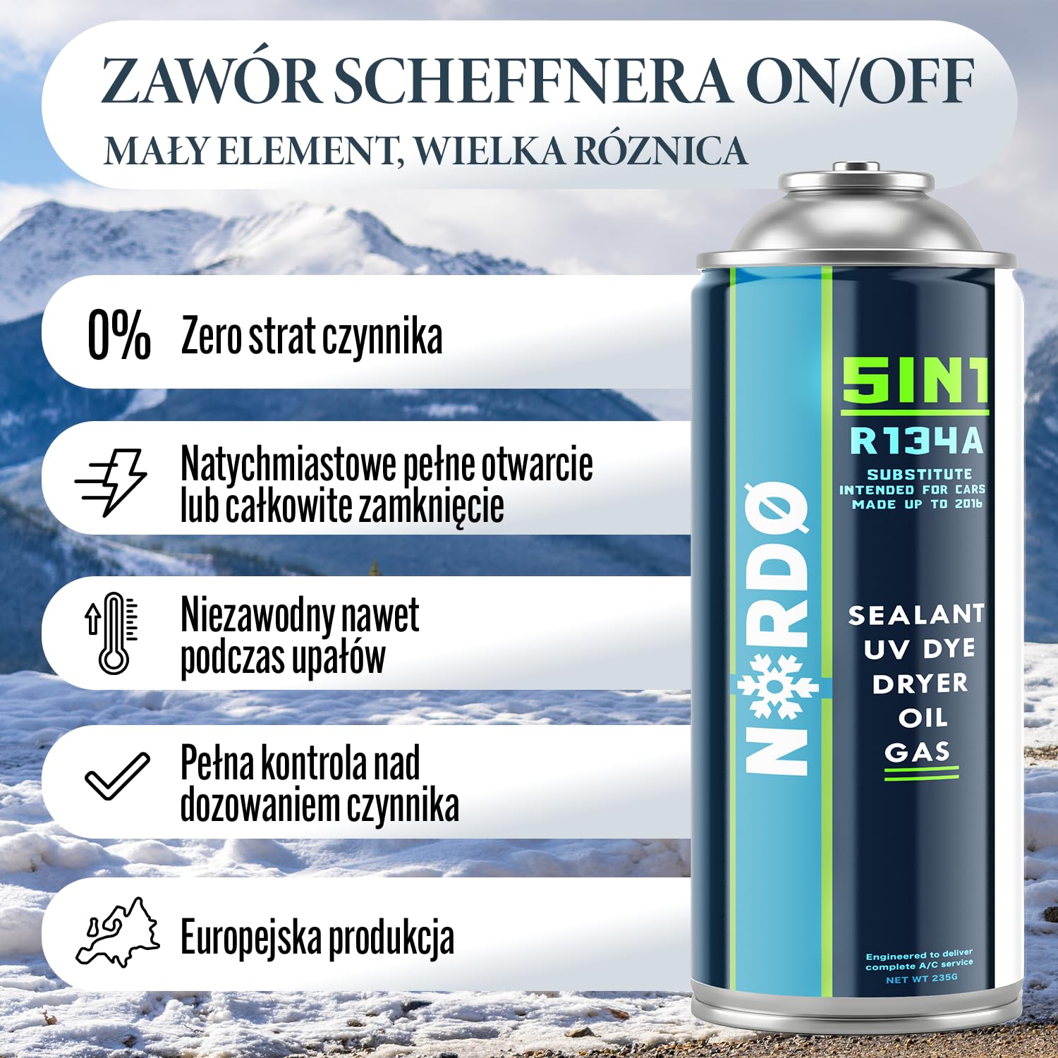 Nordo - 5in1 – 2x Gaz R134a i Olej + 2x Czynnik Chłodniczy R134a 5in1 XL 235g Każda Puszka, do Samochodowej Klimatyzacji z Olejem, Uszczelniaczem, Barwnikiem UV, Środkiem Osuszającym + Wąż