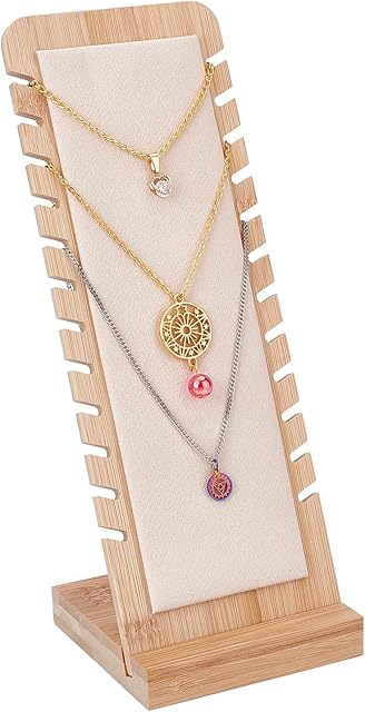 PandaHall Elite 12 Slots Necklace Jewellery Display Stand Tabletop Display Boards Necklace Showcase Holder Long Chain Handing Organizer with Leather for Necklaces Pendant Bracelet