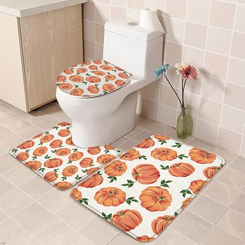 Bathroom Rugs Sets 3 Piece Bath Mat,Thanksgiving Orange Pumpkin Leaf Seamless Soft Non-Slip Bath Rug Set,Absorbent Shower Rugs Toilet Seat Cover