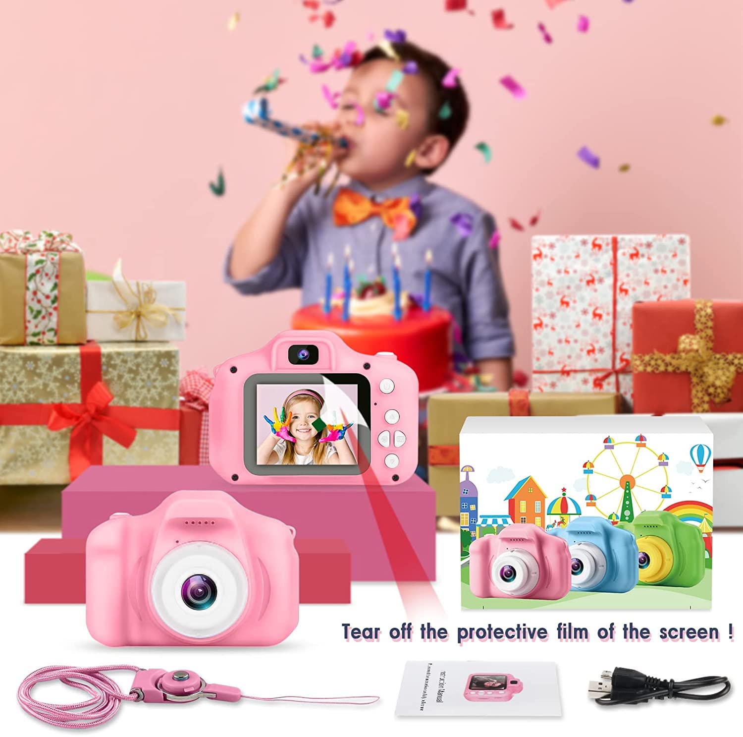 CADDLE & TOES Kids Selfie Camera, Christmas Birthday Gifts for Girls Age 3-9, HD Digital Video Cameras for Toddler, Portable Toy for 3 4 5 6 7 8 Year Old Girl (Pink-with SD Card) - Image 7 thumbnail