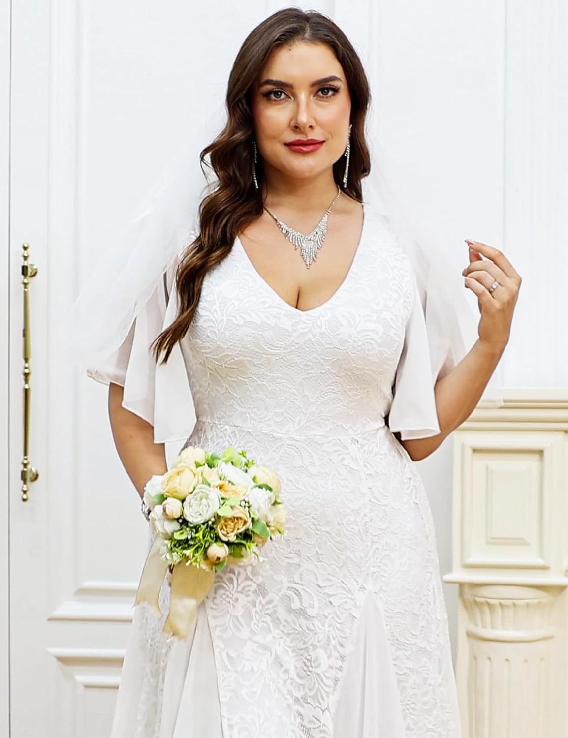 Plus Size Formal Lace Dress Maxi V Neck A-line Chiffon Wedding Guest Prom Evening Gown Gala Elegant Black Tie