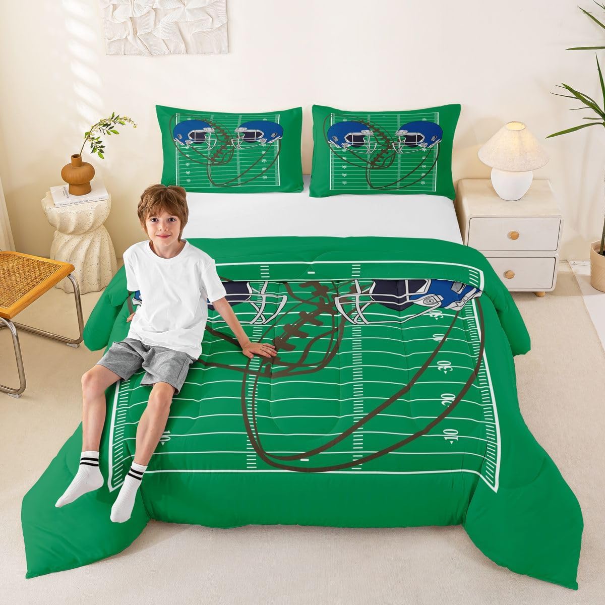 Feelyou Football Teams Bedding Set Soft Blue Rugby Helmet Comforter Set Toddler Green Yard Line Pattern Duvet Quilt Sports Theme Bedroom Decor Gift for Football Lover 2 Pcs with 1 Pillow Cases