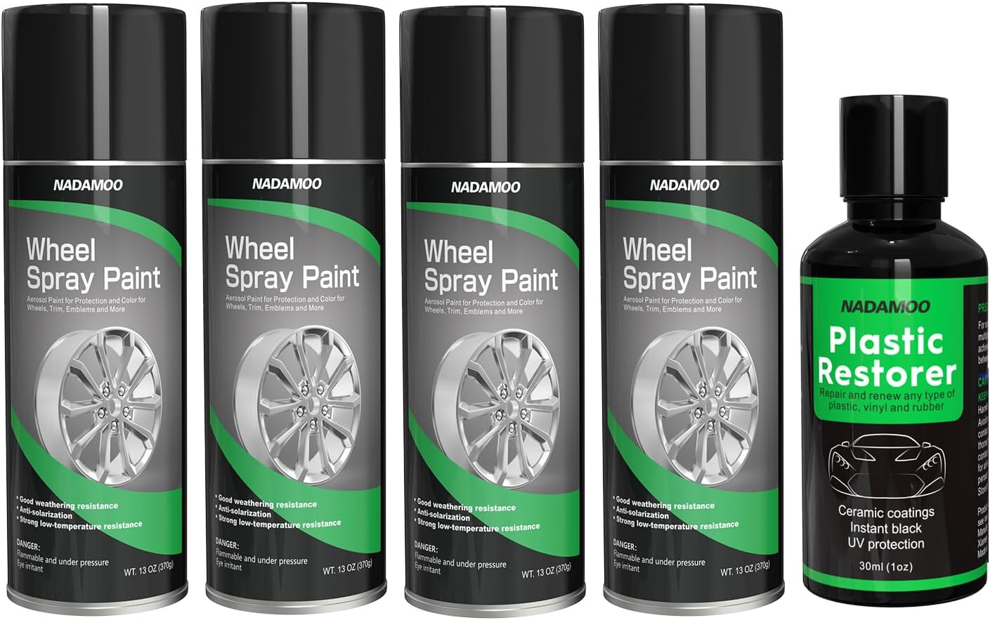 NADAMOO Plastic Restorer + Wheel Spray Paint Silver 4 Cans