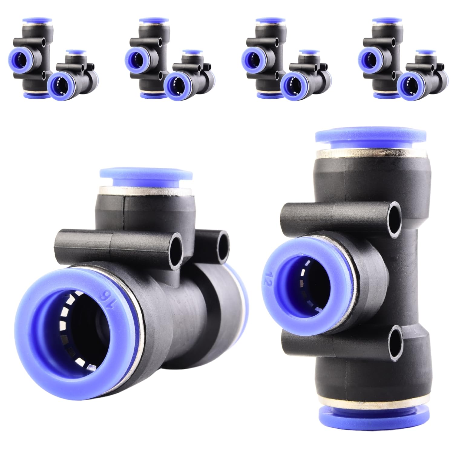 ANGEEK 10 Stück 16-12-16mm 3 Wege T-Verbinder mit variablem Durchmesser ，Push to Connect Fittings Pneumatik Steckverbinder，Pneumatische Anschlüss，Kunststoff Schnellverschluss
