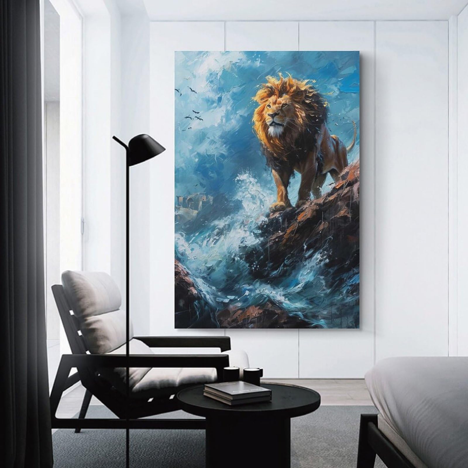 Junmoney Hanging Wall Art Seaside Lion Majesty, 12x18inch(30x45cm), for Work Areas, Reading Rooms Or Studios, Wall Art That Adds Style to Work Areas