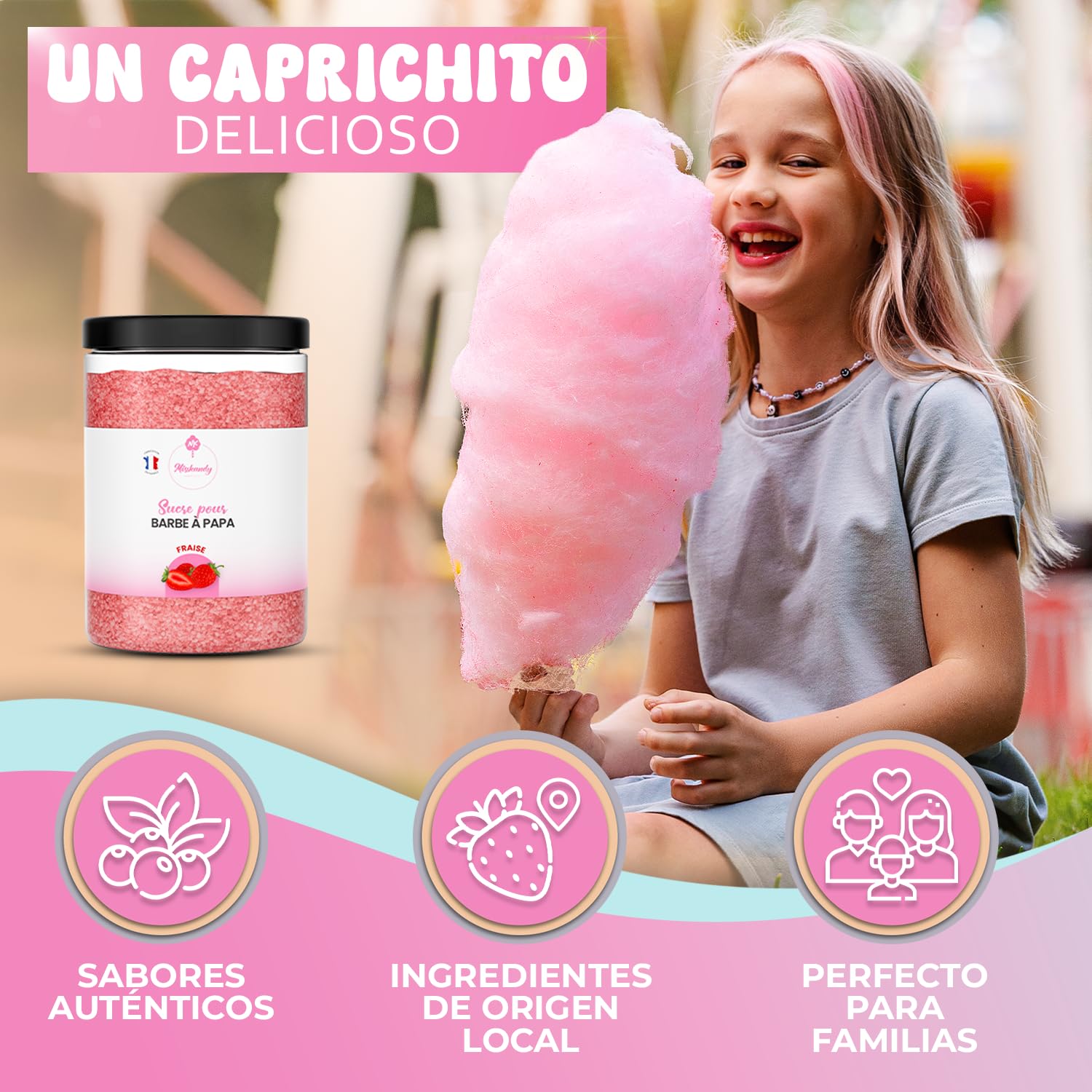 Misskandy-Azúcar para Algodón de Azúcar, Fresa 1,4 kg (Sabores y Colorantes Naturales) +50palitos