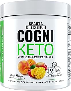 CogniKeto: Exogenous Ketone Brain Booster Supplement and Nootropic Drink Powder to Boost Energy, Focus, and Memory, with Beta-Hydroxybutyrate BHB Salts, Lions Mane, Alpha-GPC, Peach Mango, 40 SRV